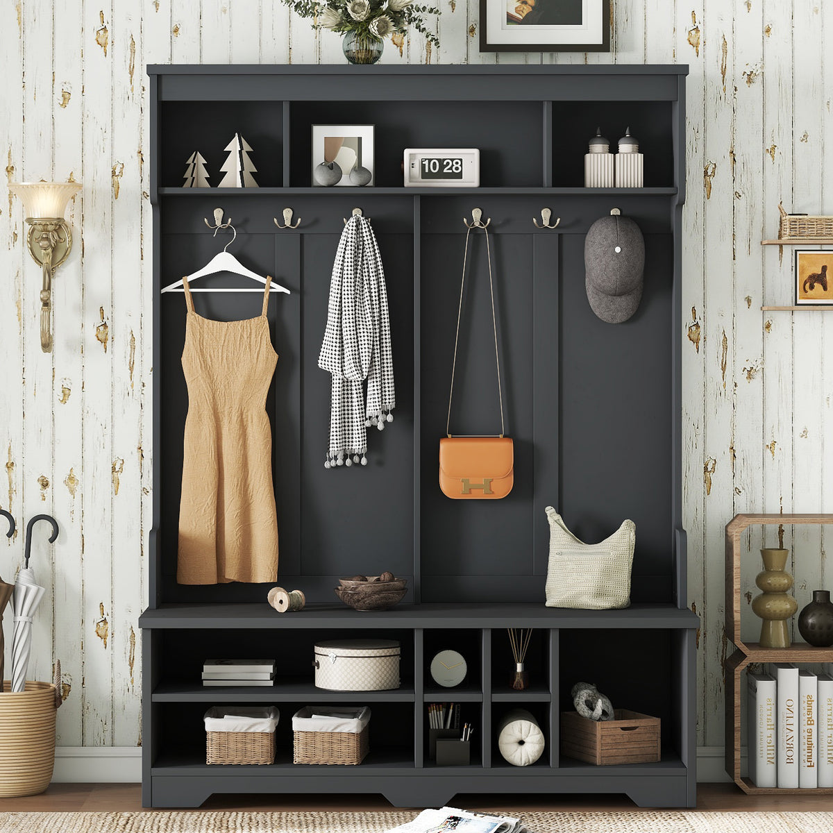 Black Hall Tree with Shoe Storage, 59.1 in Wide