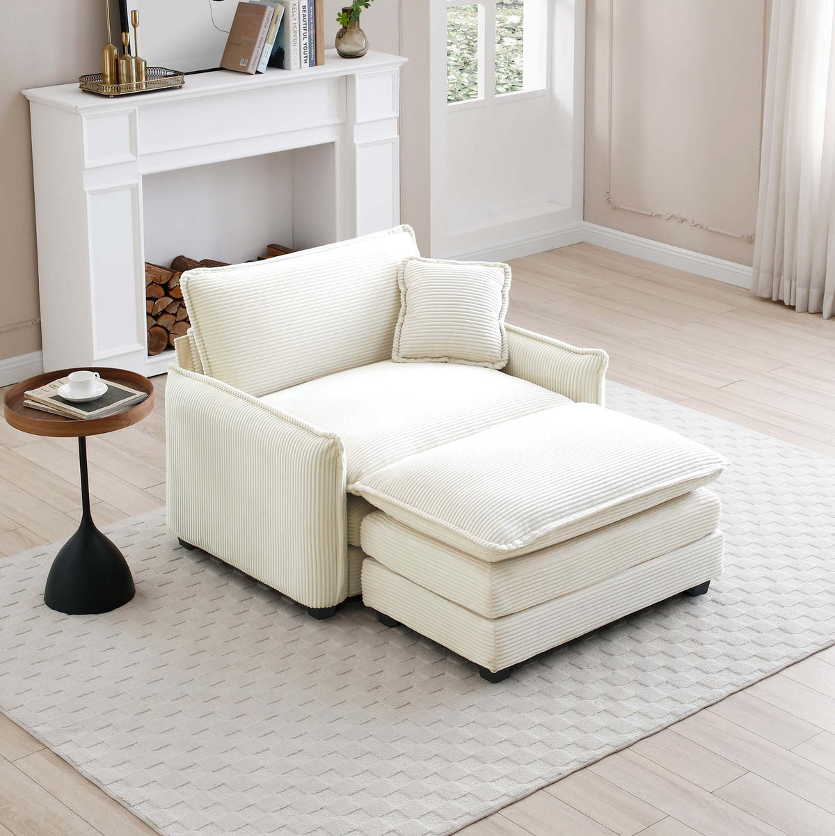 White Corduroy Accent Chair with Ottoman