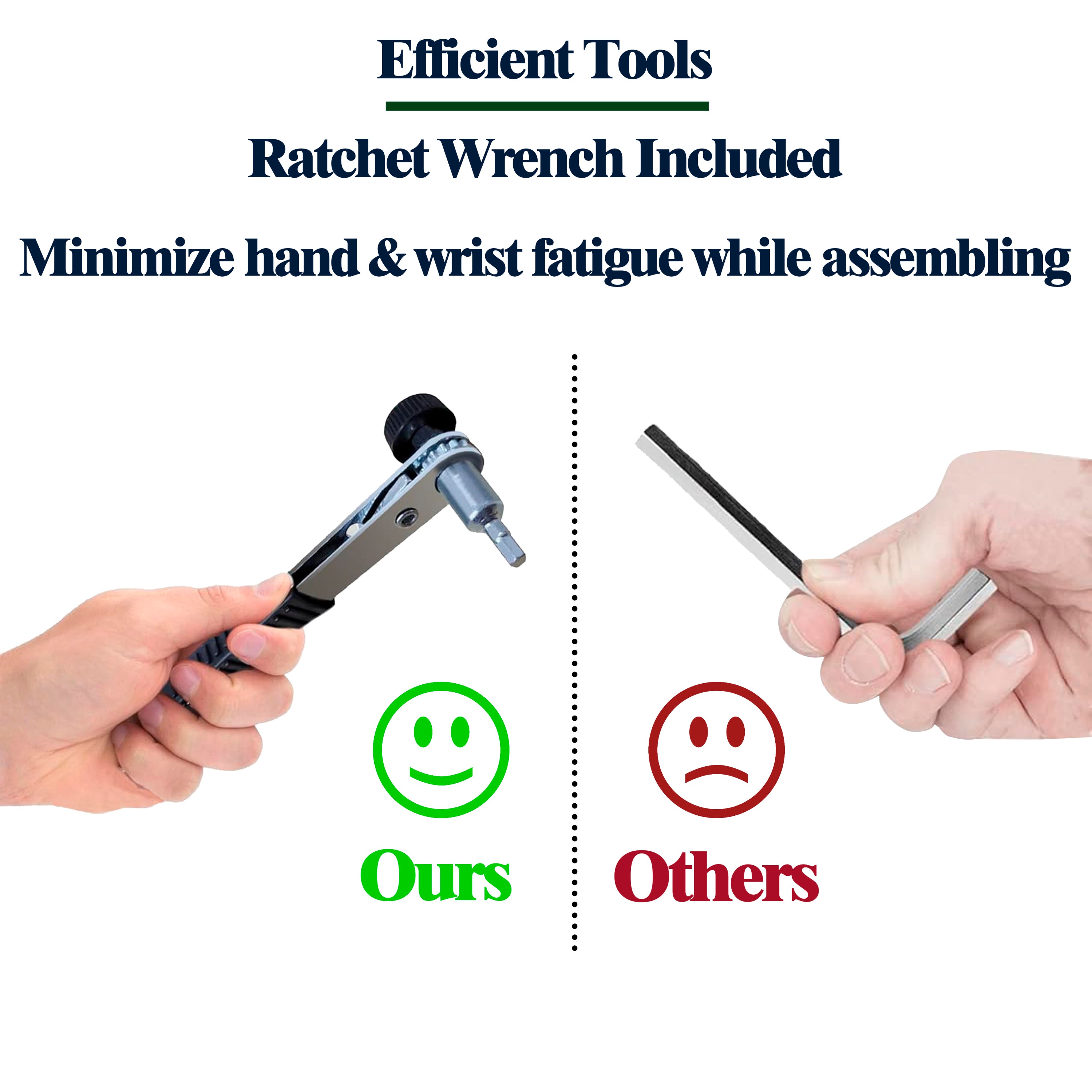 Assembly graphic showing the included ratchet wrench versus a plain hex key to reduce hand fatigue