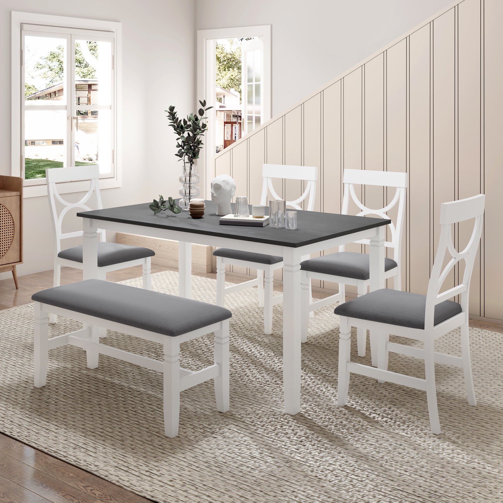 6-Piece Farmhouse Dining Set, White & Gray, 4 Chairs and Bench