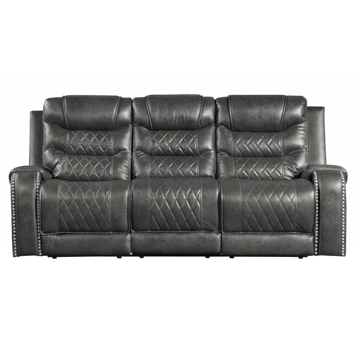 Gray Vegan Leather Reclining Sofa, USB Charging, 86.5 in Wide