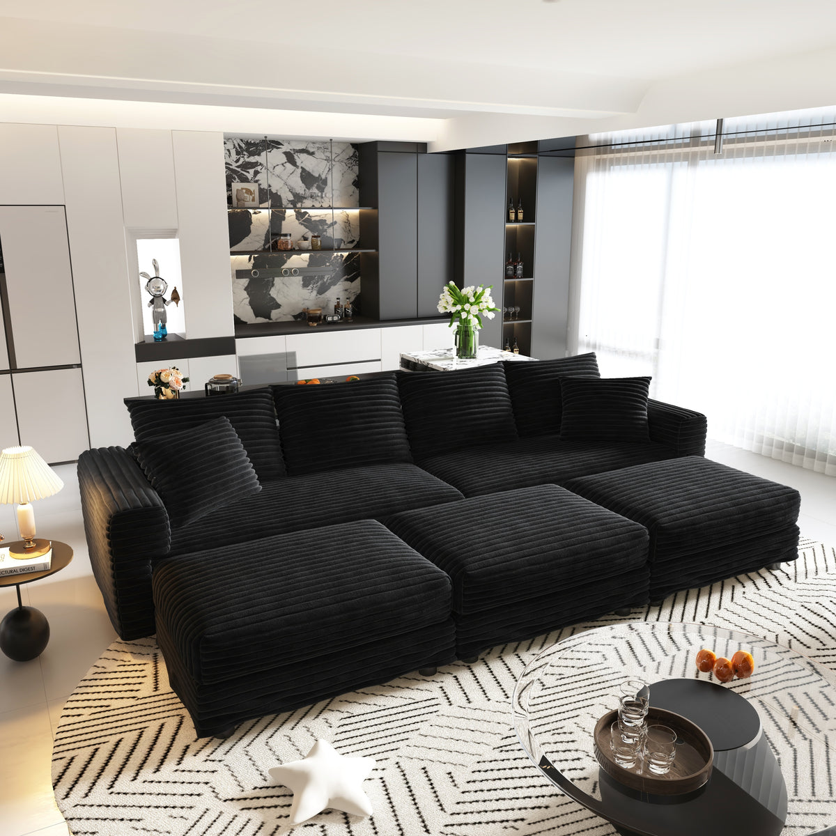 Black Corduroy 4-Seat Couch with Ottoman, Three Ottomans