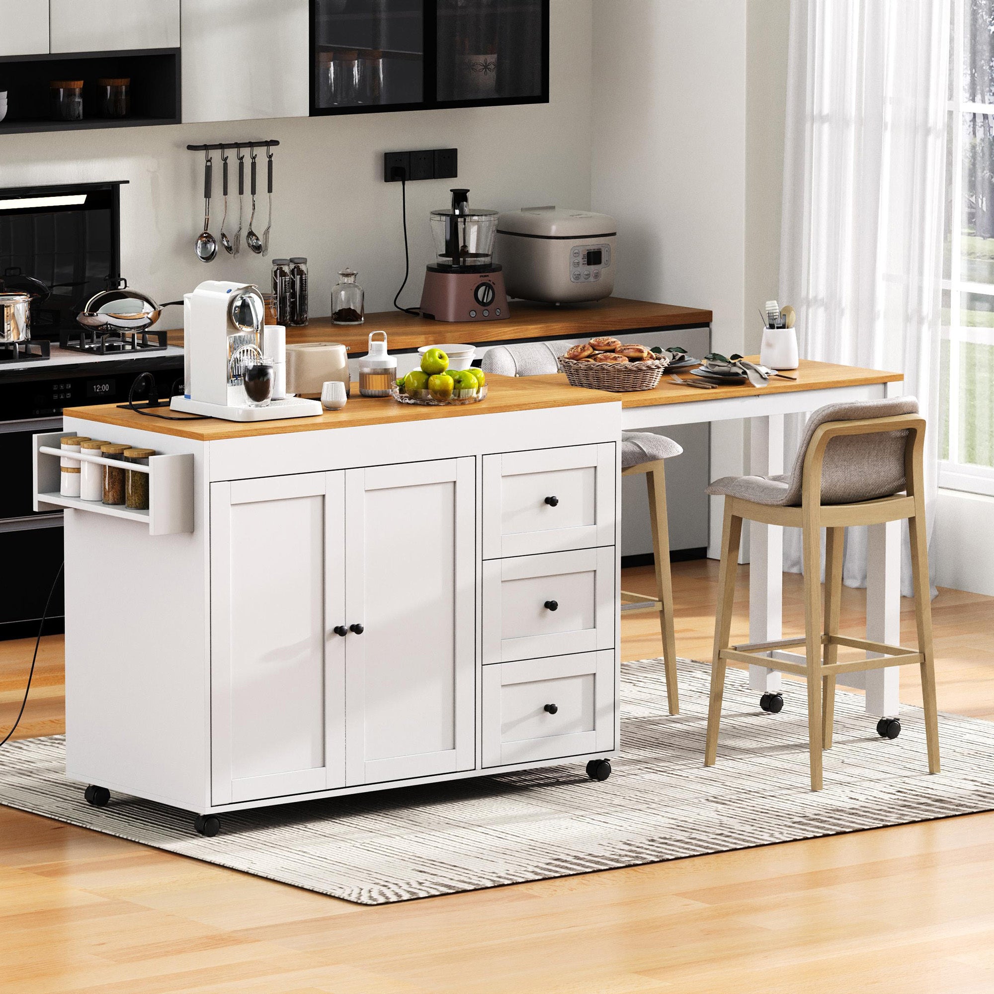 Kitchen Island with Extendable Table, White, 2 Doors & 3 Drawers