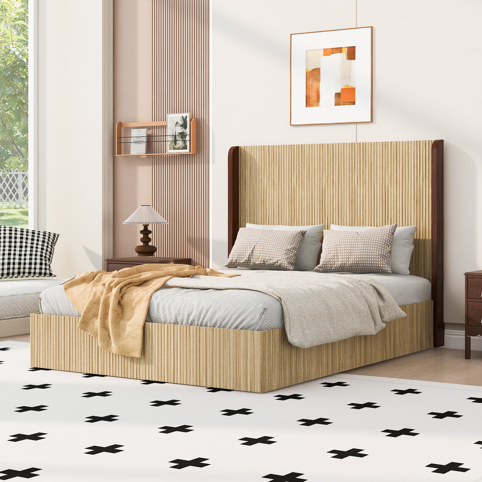 Angled view of the wooden bed frame queen, light vertical-grid headboard framed by dark walnut wings