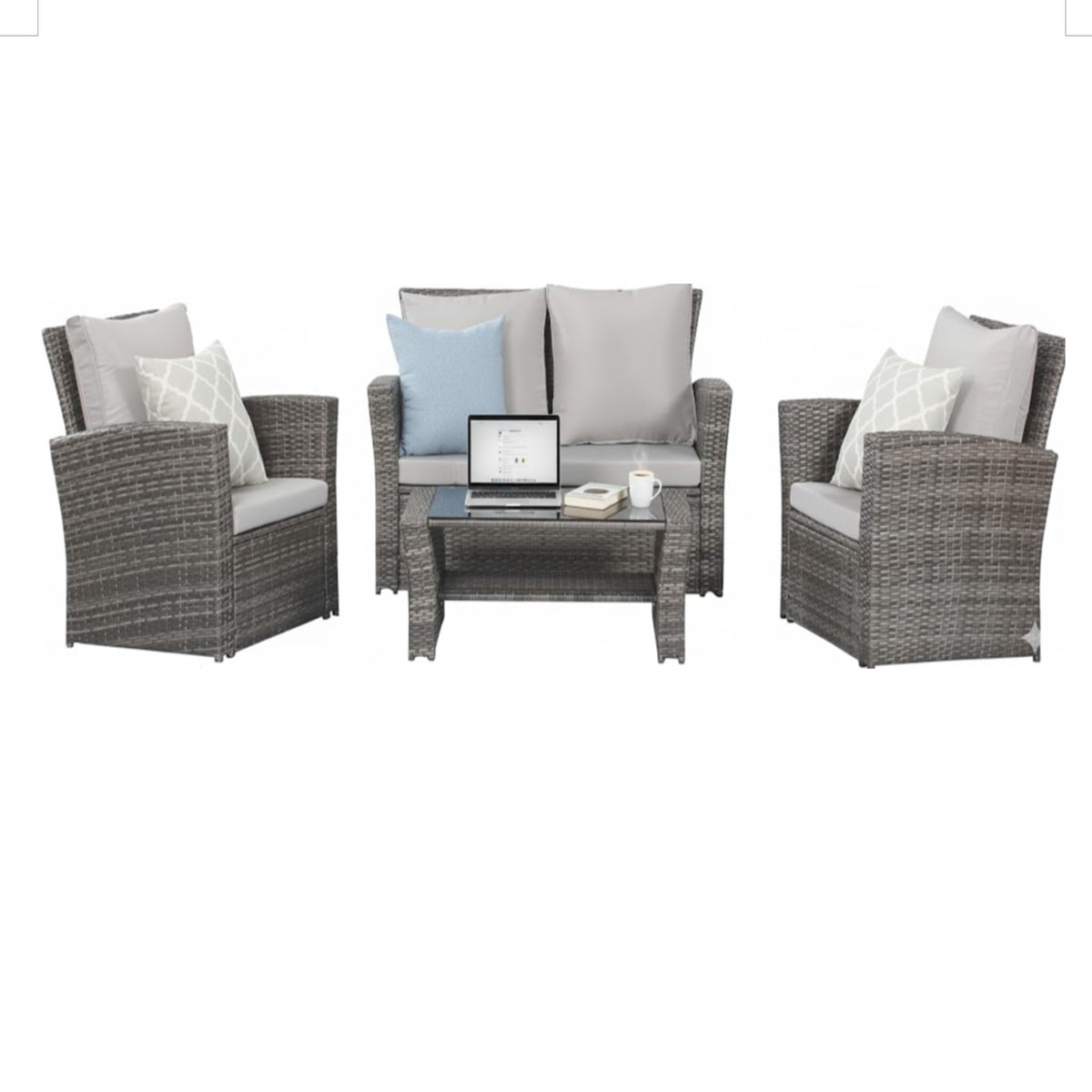 Brown Wicker Patio Conversation Set with Cushions