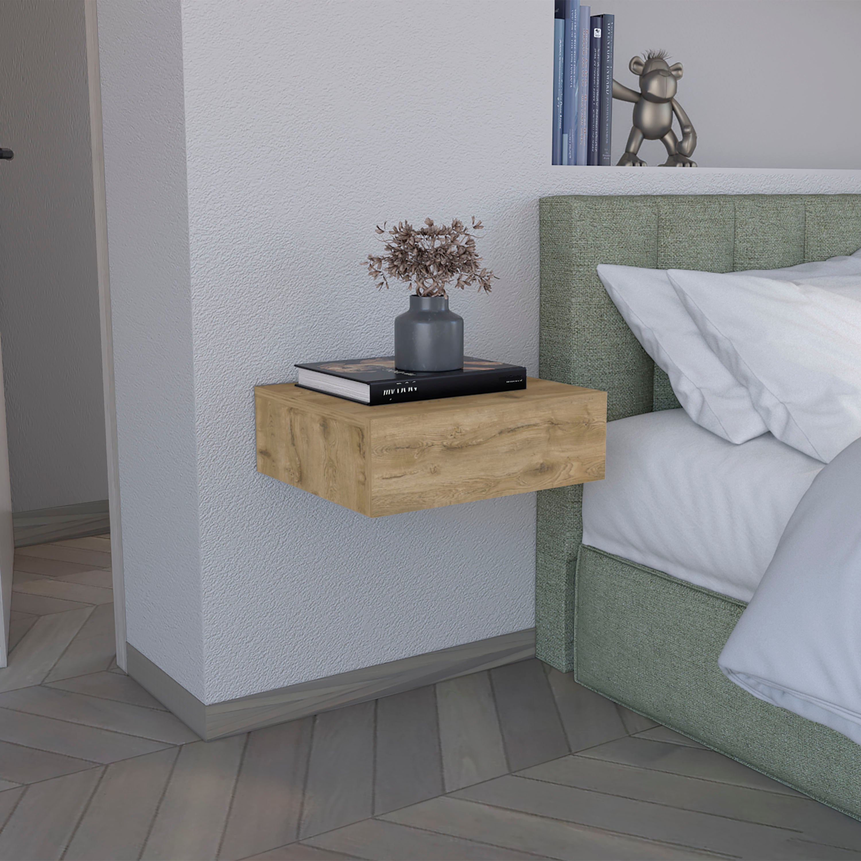 Beige Floating Nightstand with Drawer, Wall Mounted