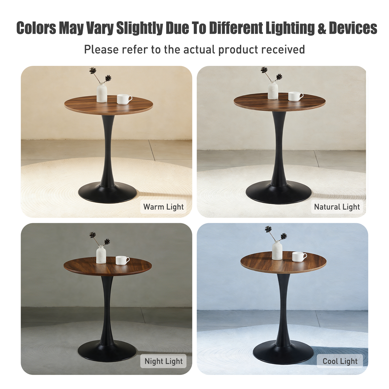 Colorway graphic comparing the round bistro table under warm, natural, night and cool lighting