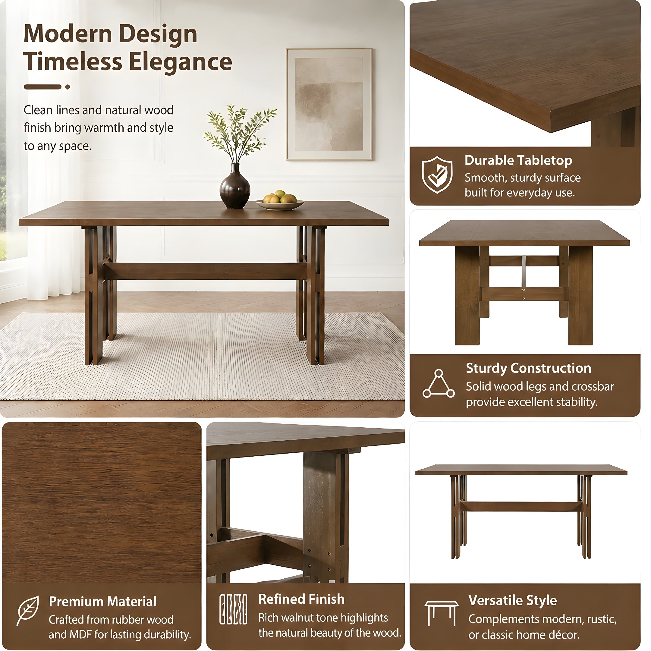 Feature graphic of the walnut-tone dining table highlighting durable tabletop, sturdy construction and finish