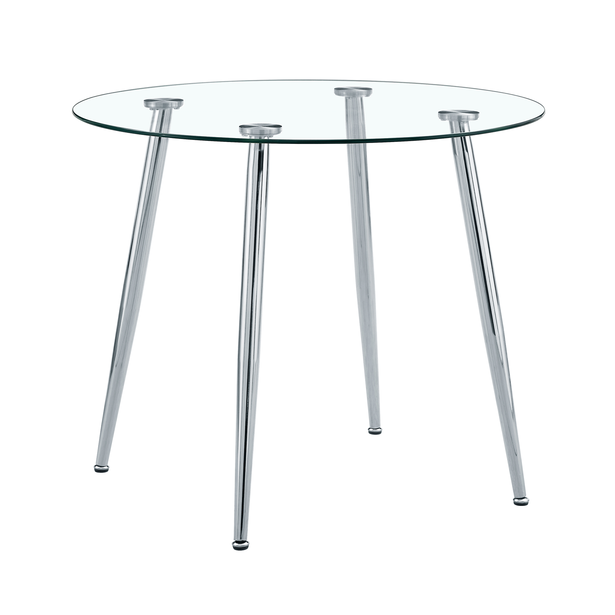 Round glass dining table with four tapered chrome legs on a plain white background