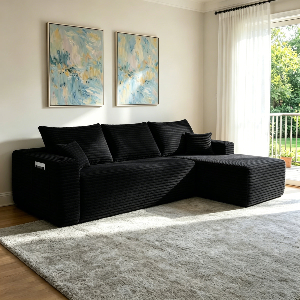 Black L-Shaped Modular Sectional, 108 in Wide, Right-Facing Chaise