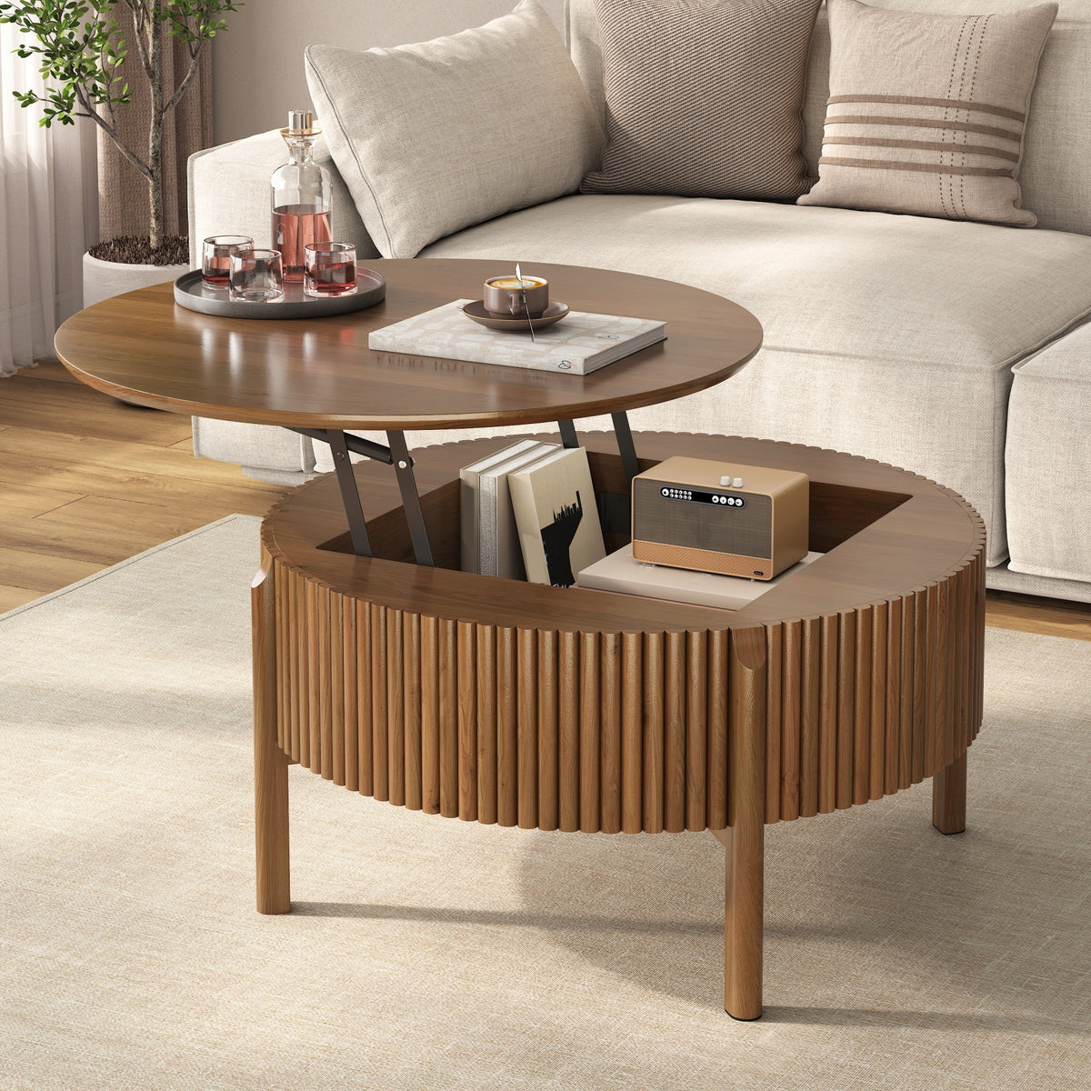 Walnut Round Fluted Lift-Top Coffee Table, 30.3 in, Farmhouse