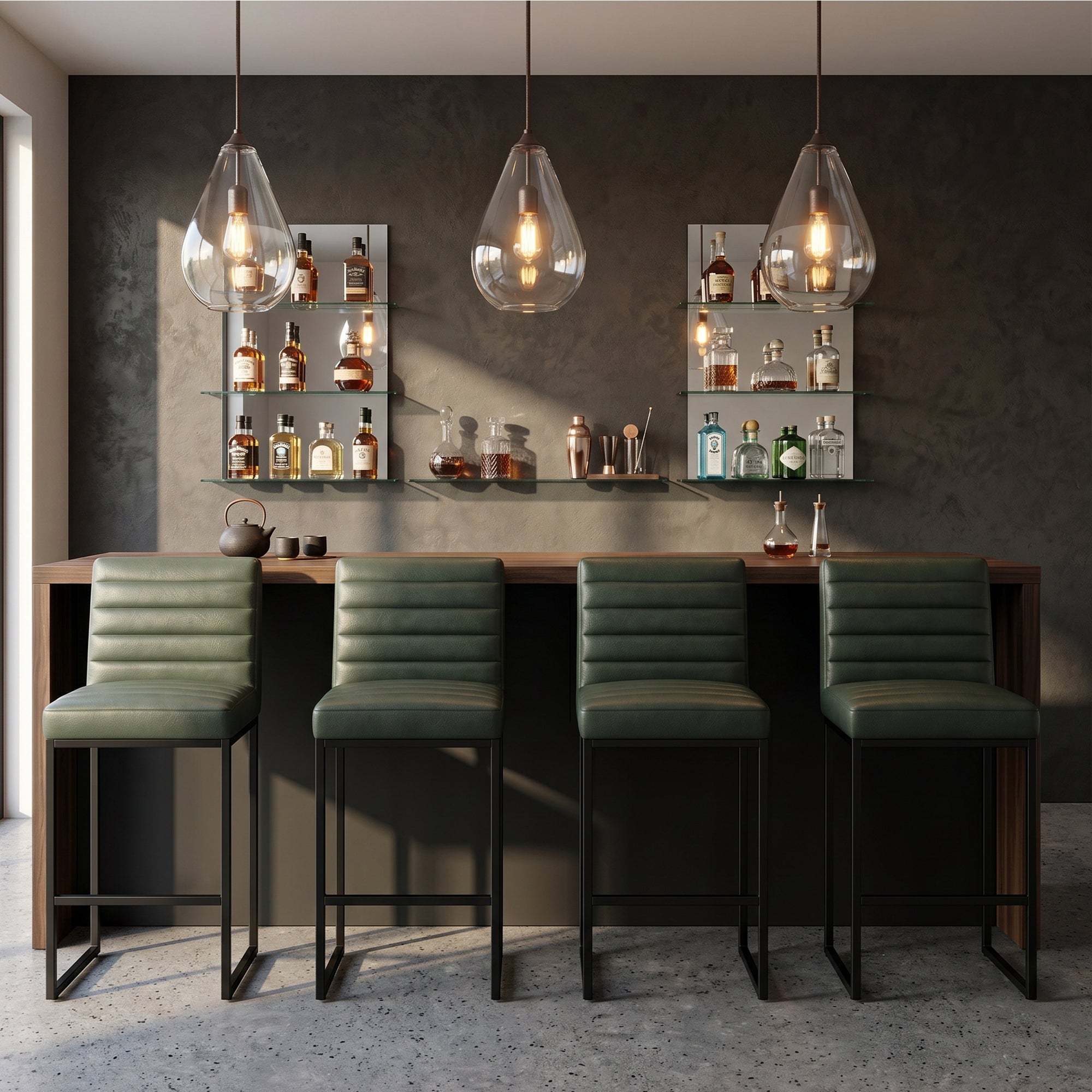 Modern Counter Stool Set of 4, Green Vegan Leather, Metal Legs