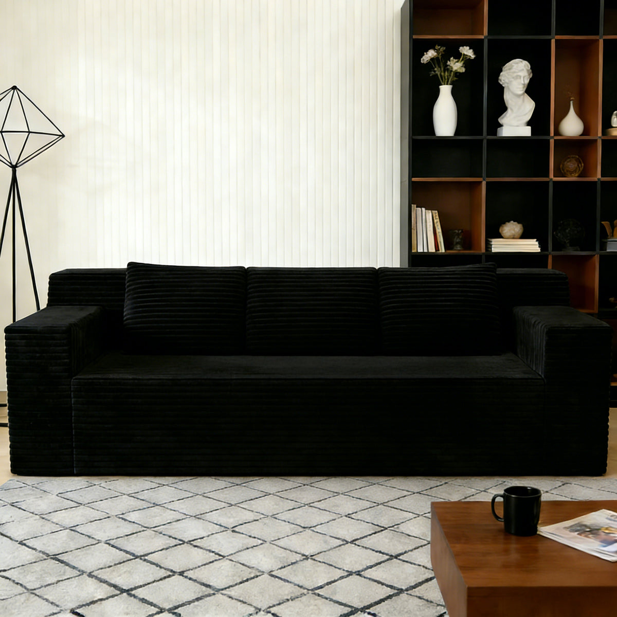 Black Corduroy 3-Seat Couch, No Assembly, 71 in Wide