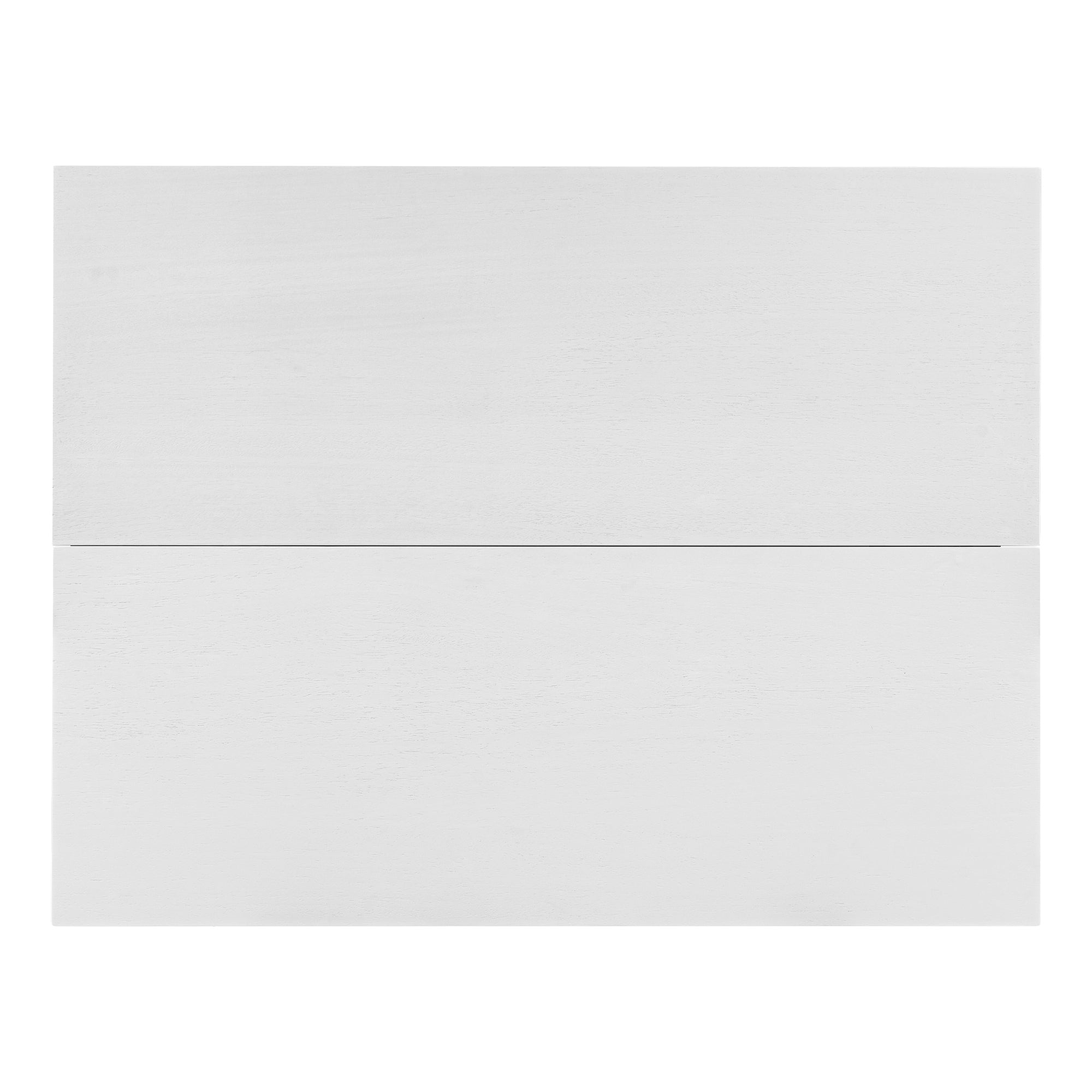 Overhead view of the white wood tabletop showing the center drop-leaf seam