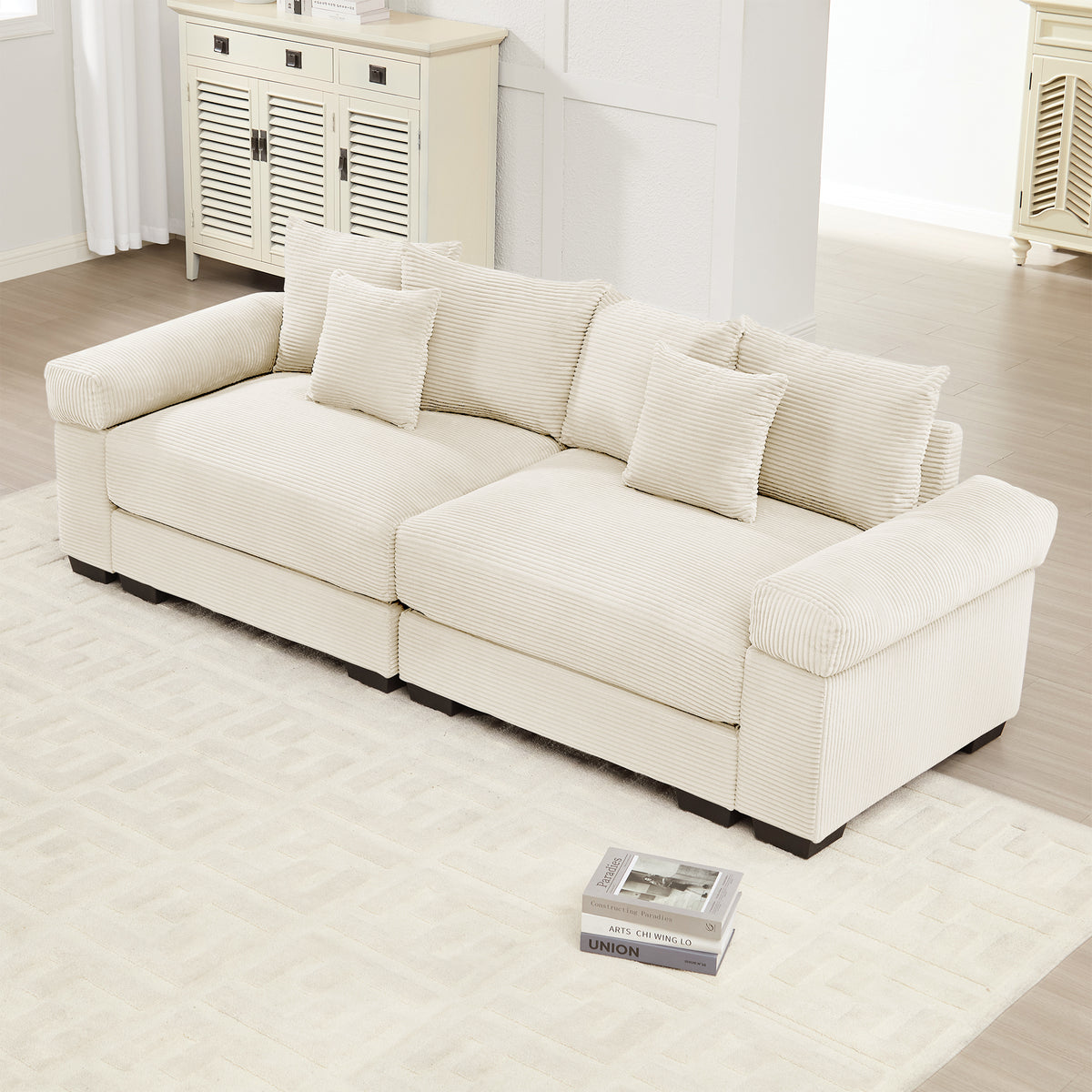 Cream Corduroy Modular Sectional, 92 in Wide