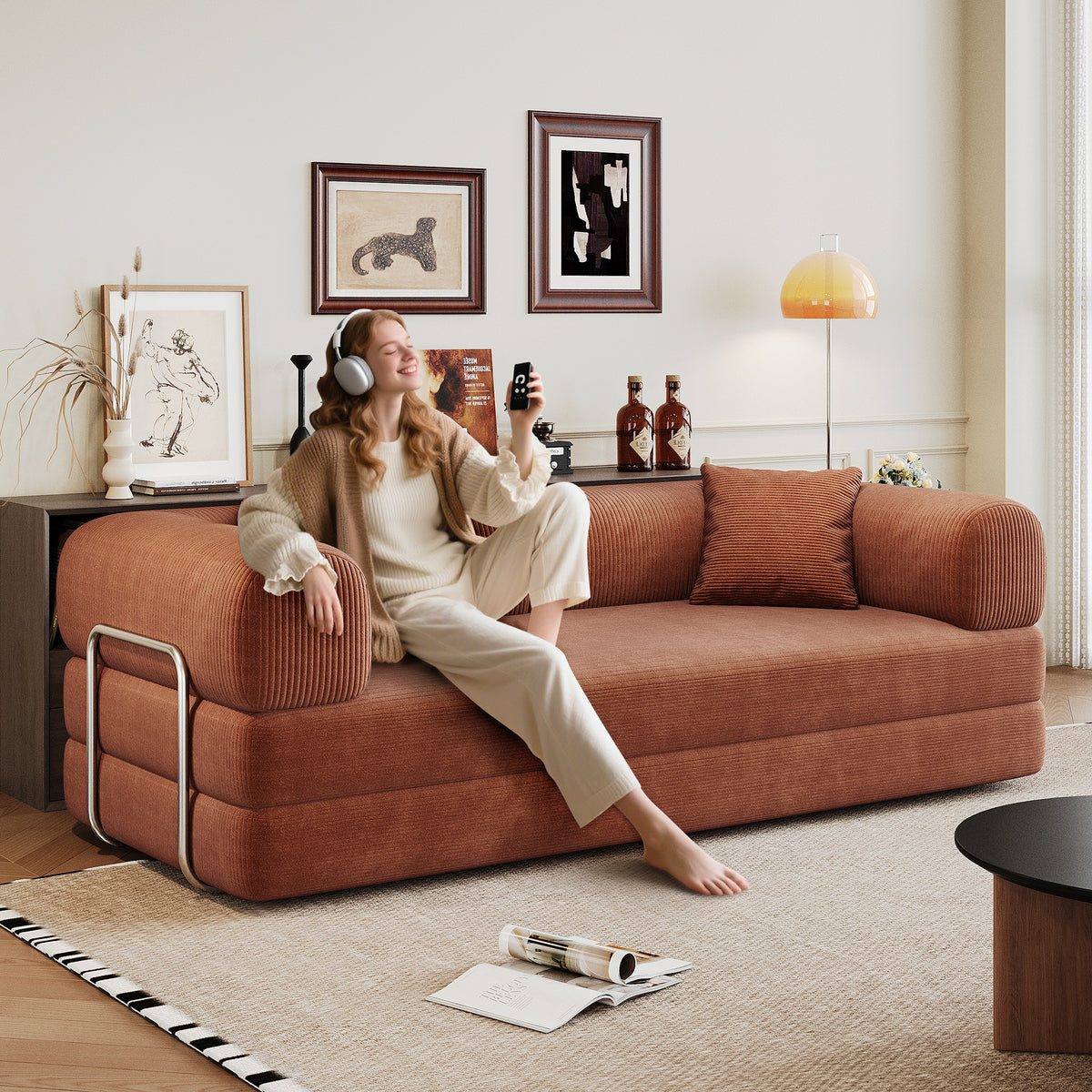 Brown Corduroy Modular Sleeper Sectional, No Assembly, 78.8 in Wide