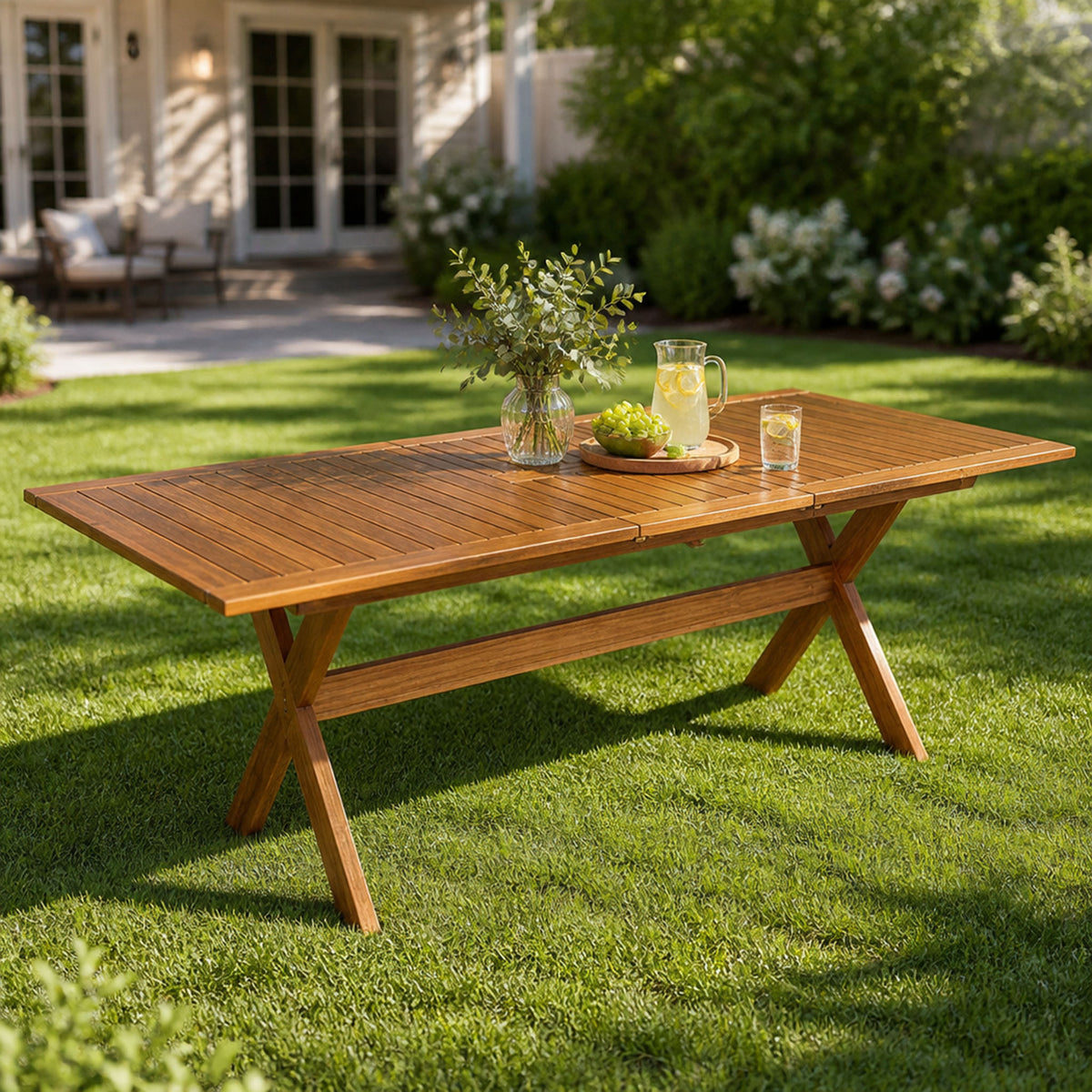 Teak Finish Solid Wood Outdoor Dining Table, 76 in Wide
