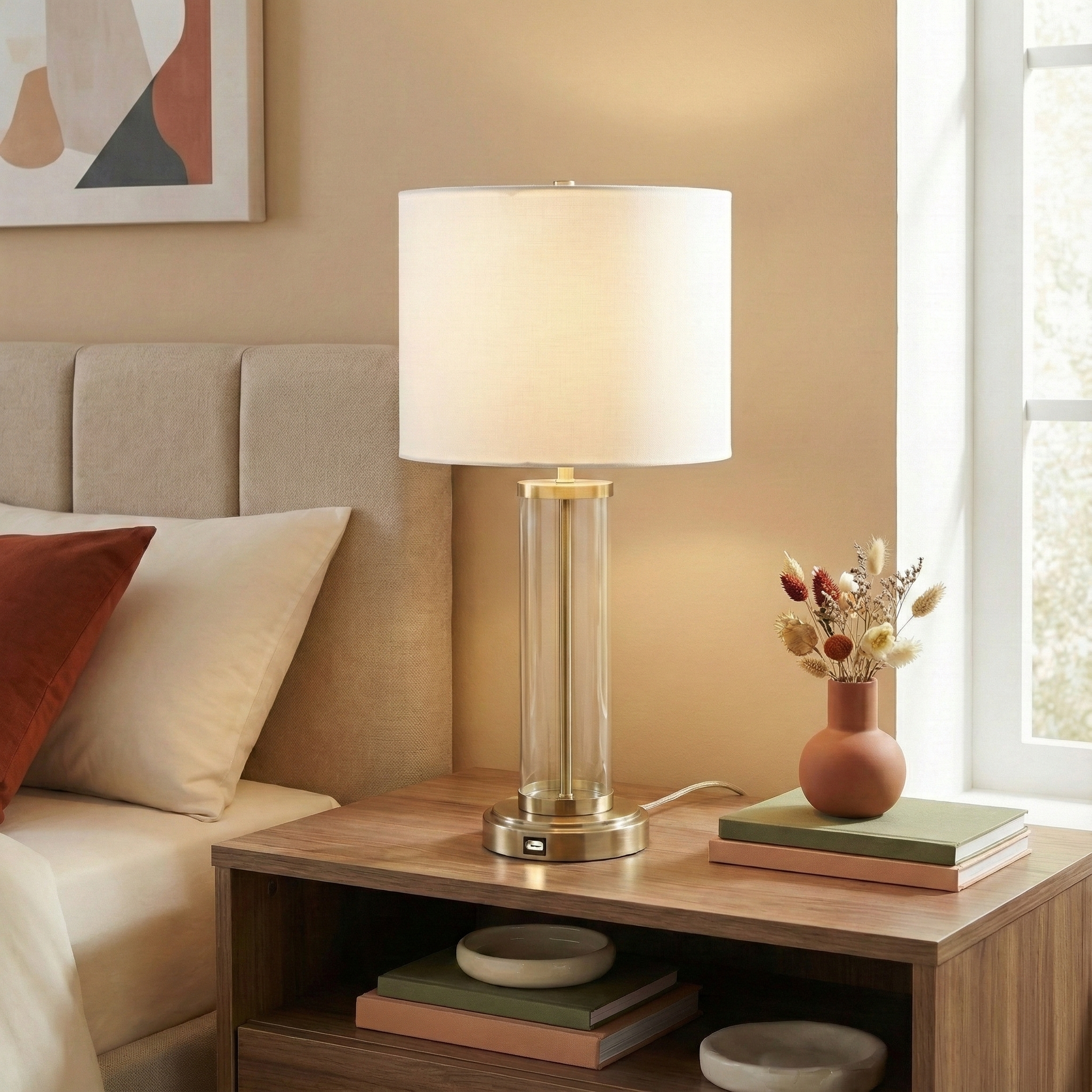 Table Lamp with Clear Glass Body and Fabric Shade in Silver