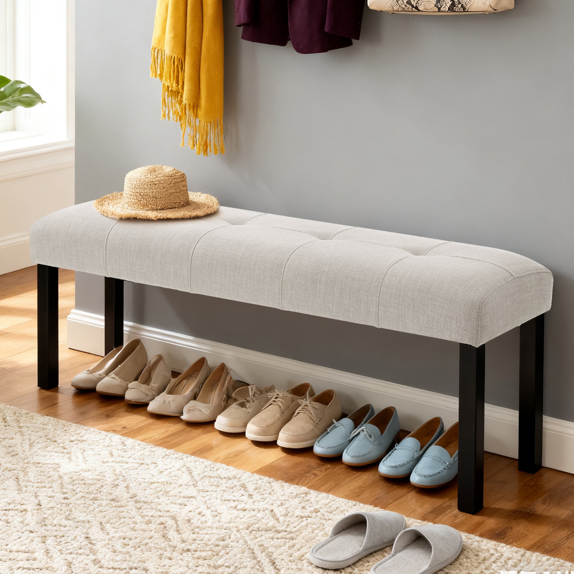 Tufted Linen Dining Bench, Beige Backless with Black Wood Legs