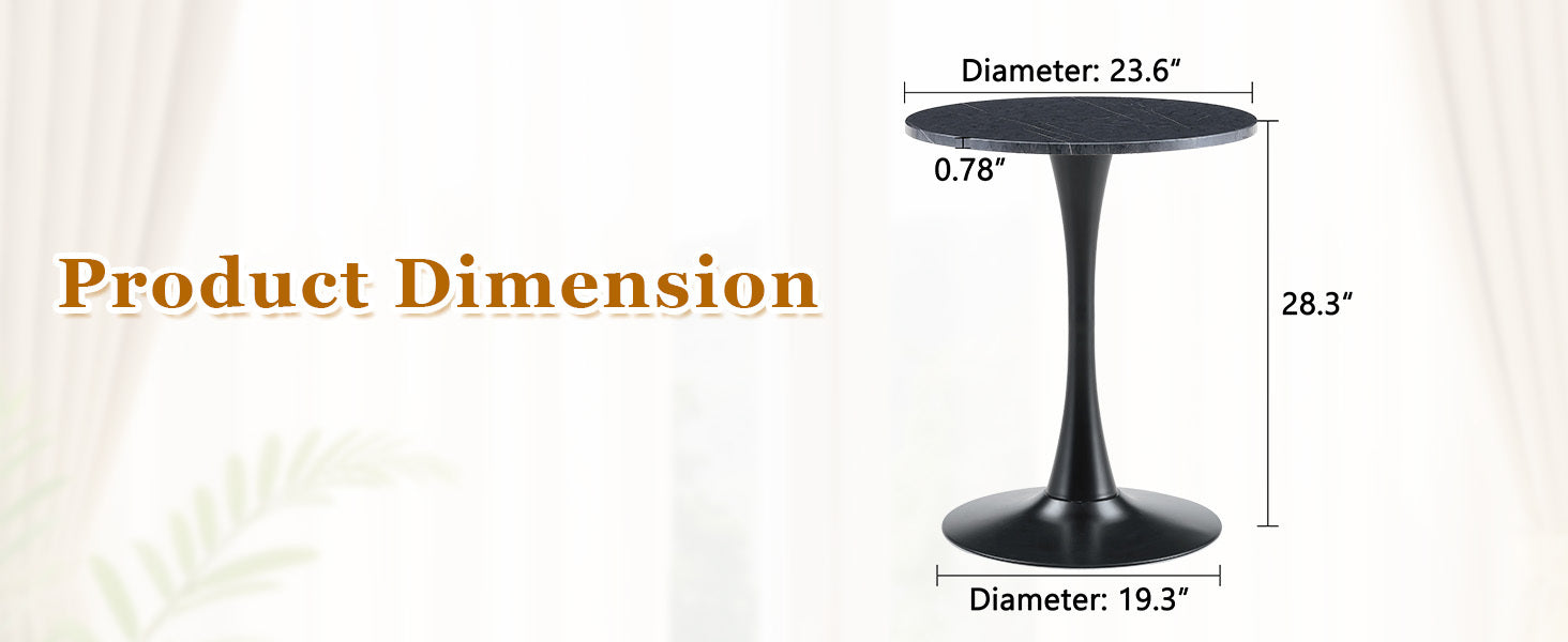 Dimension diagram of the black bistro table against a soft curtain backdrop with labeled measurements