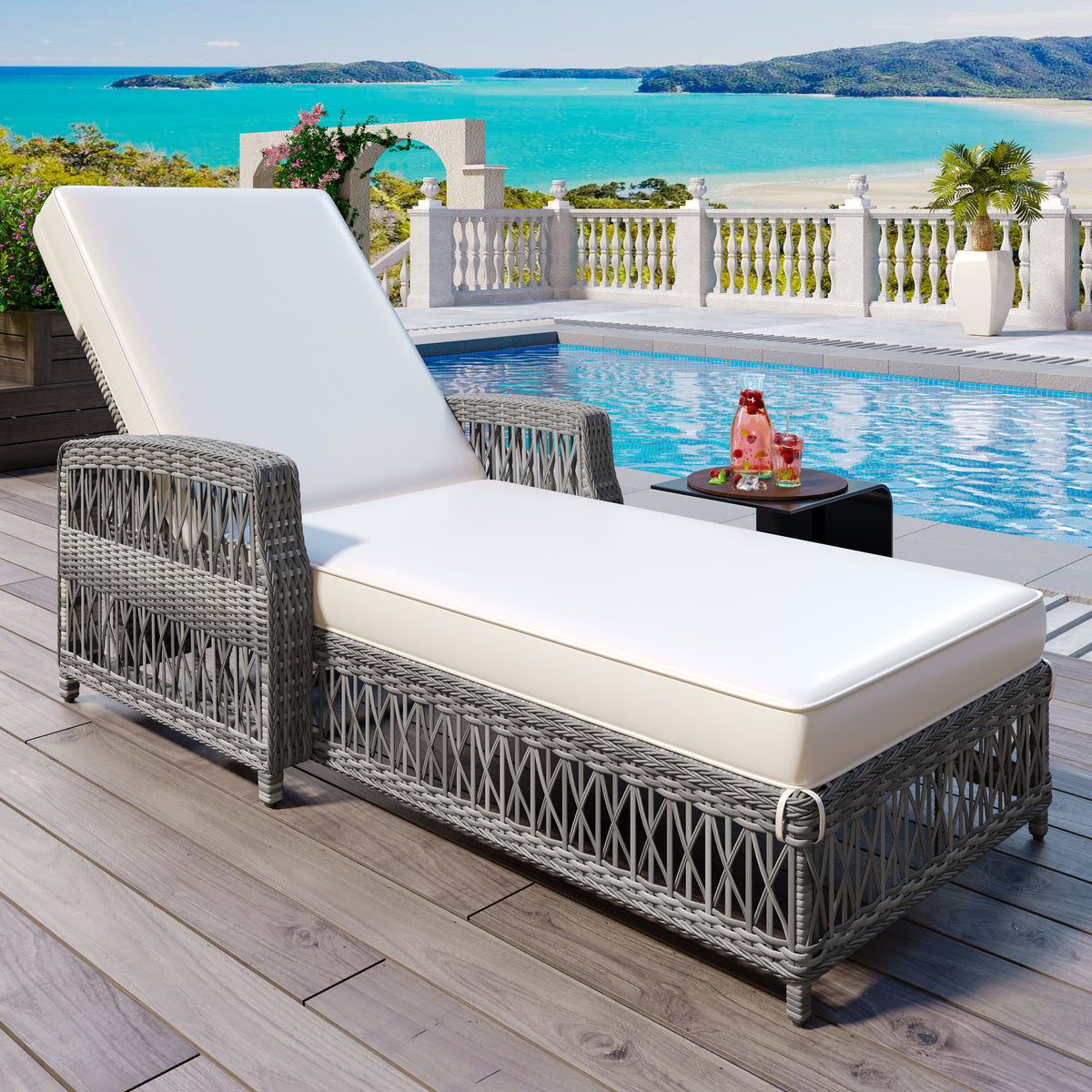 Beige Wicker Adjustable Outdoor Chaise Lounge with Cushions