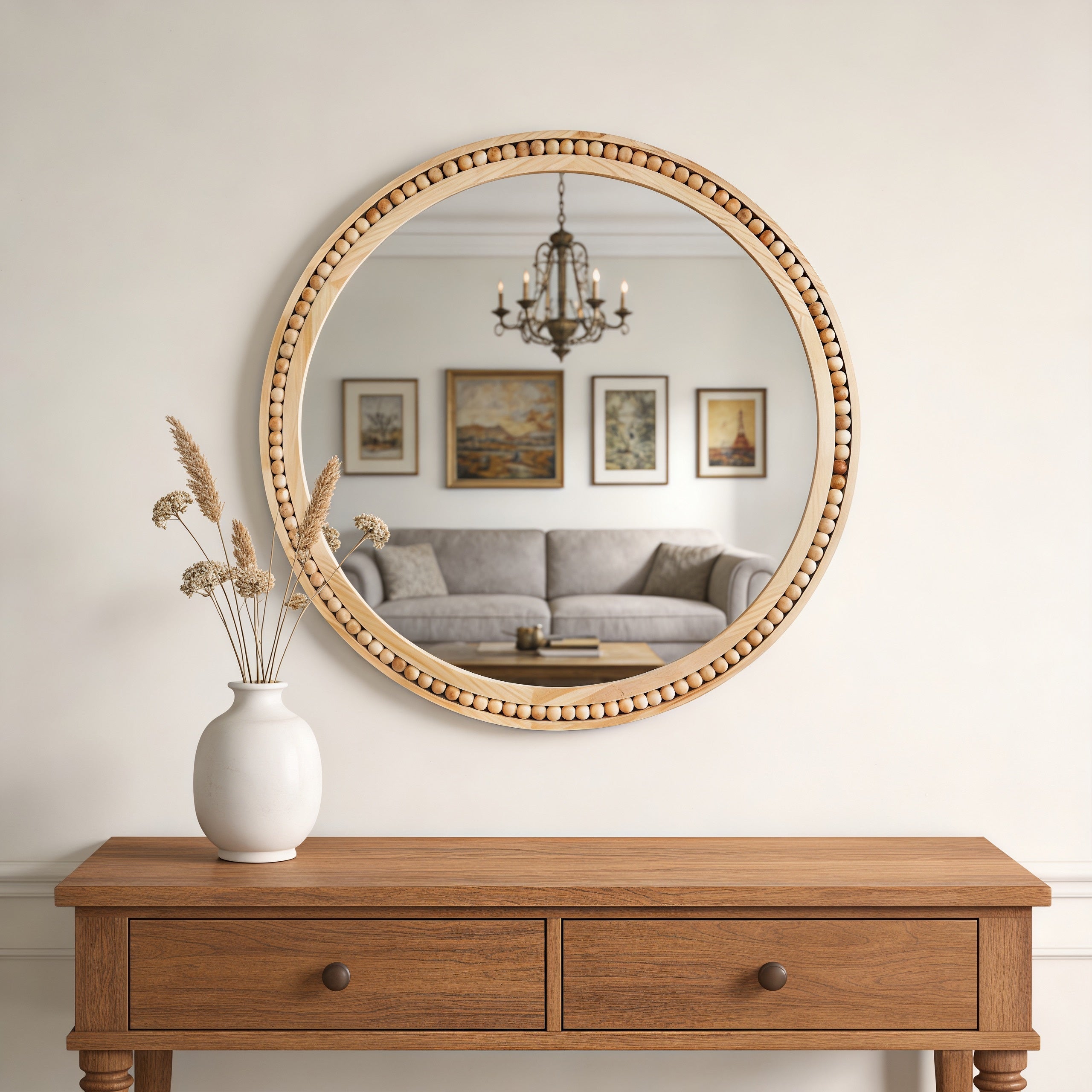 30 Inch Round Mirror, Beaded Solid Wood Frame, Natural