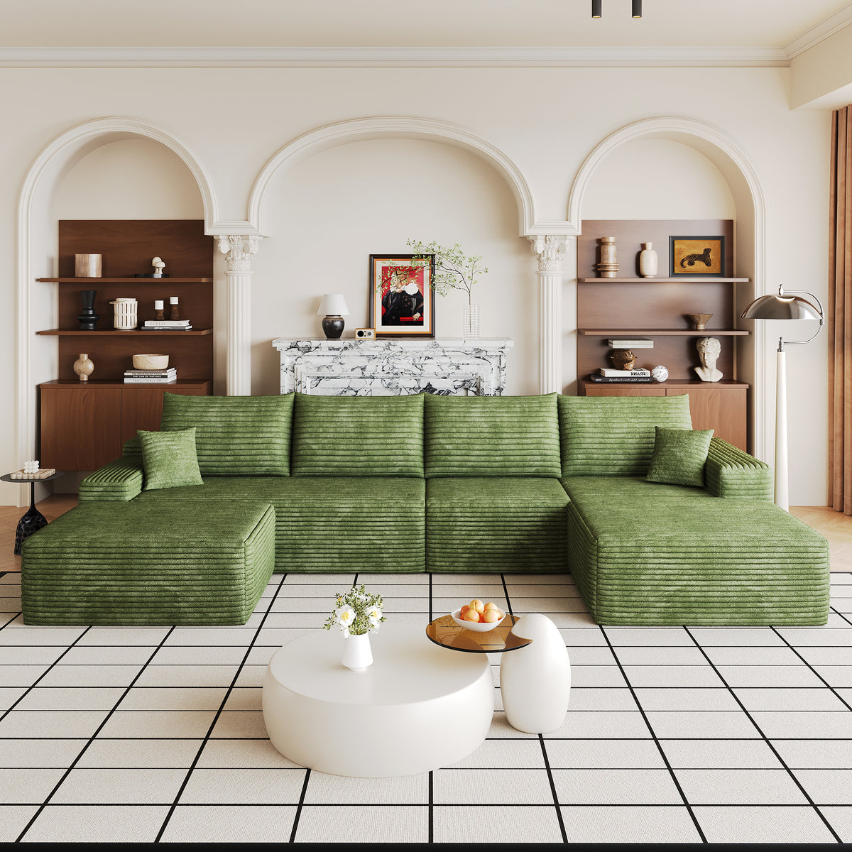 Green Corduroy U-Shaped Sectional, Right-Facing, 135 in Wide