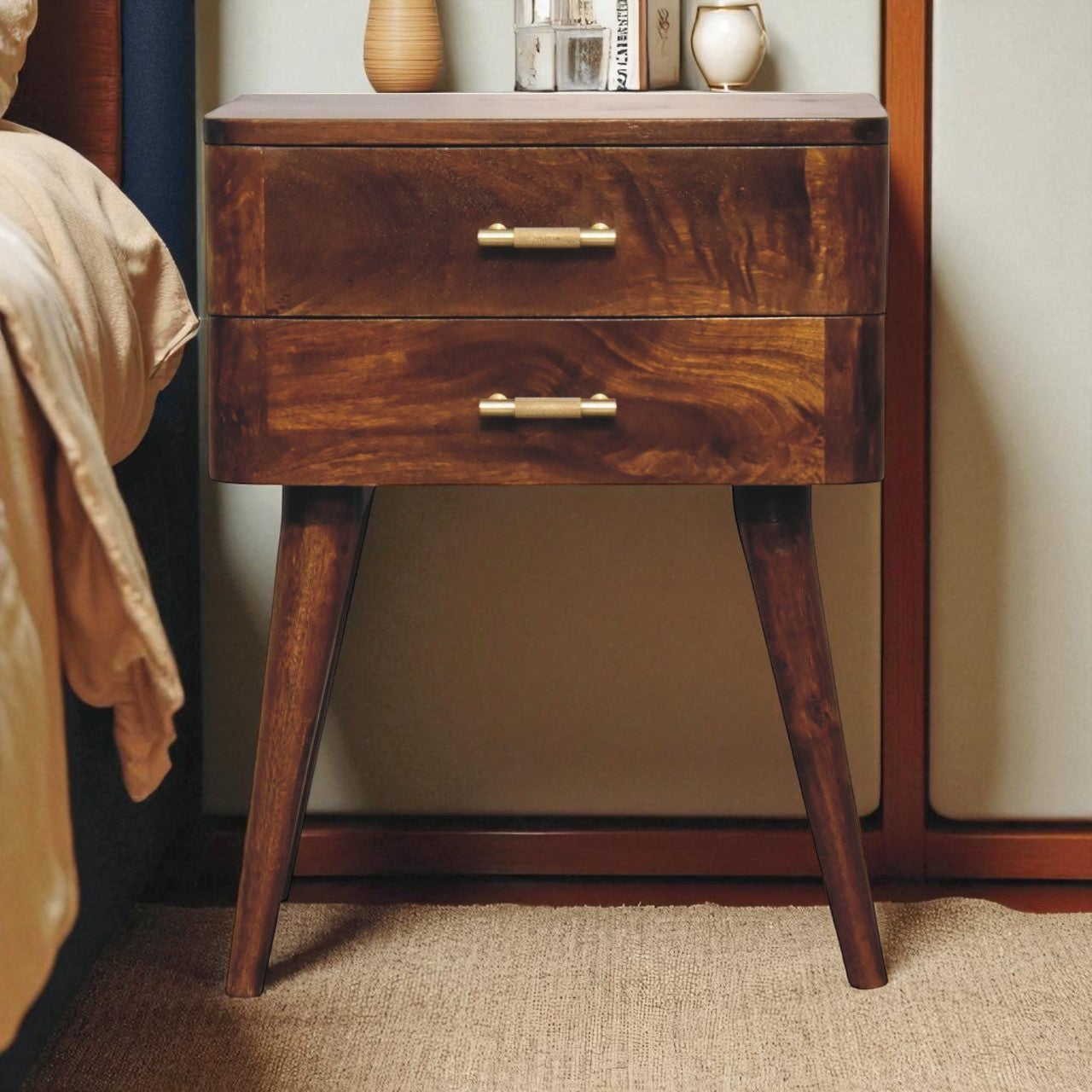 Solid Mango Wood Nightstand, 2 Drawers, Nordic Legs, Brown