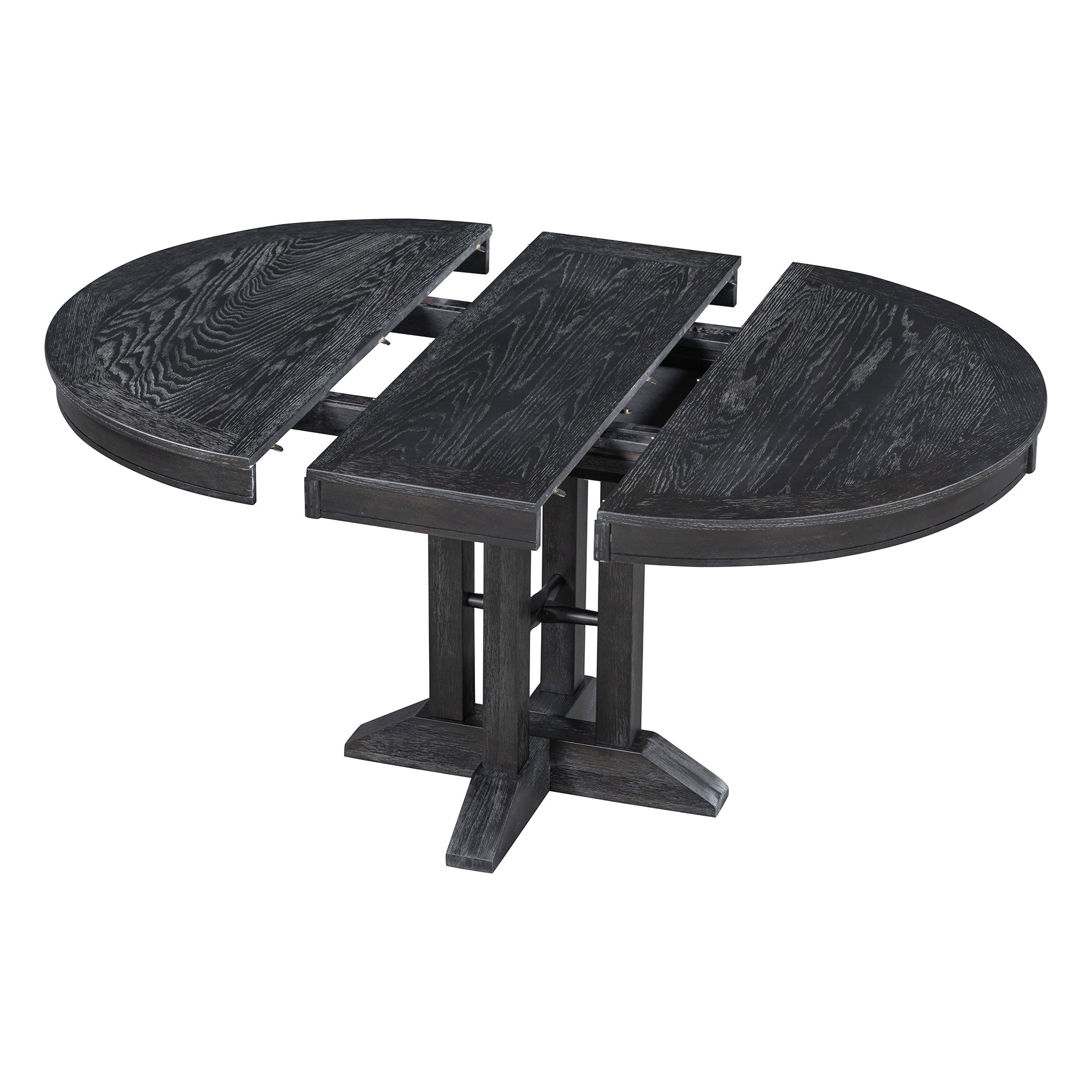 Black oval-extended dining table on white studio background, angled view of the pedestal base