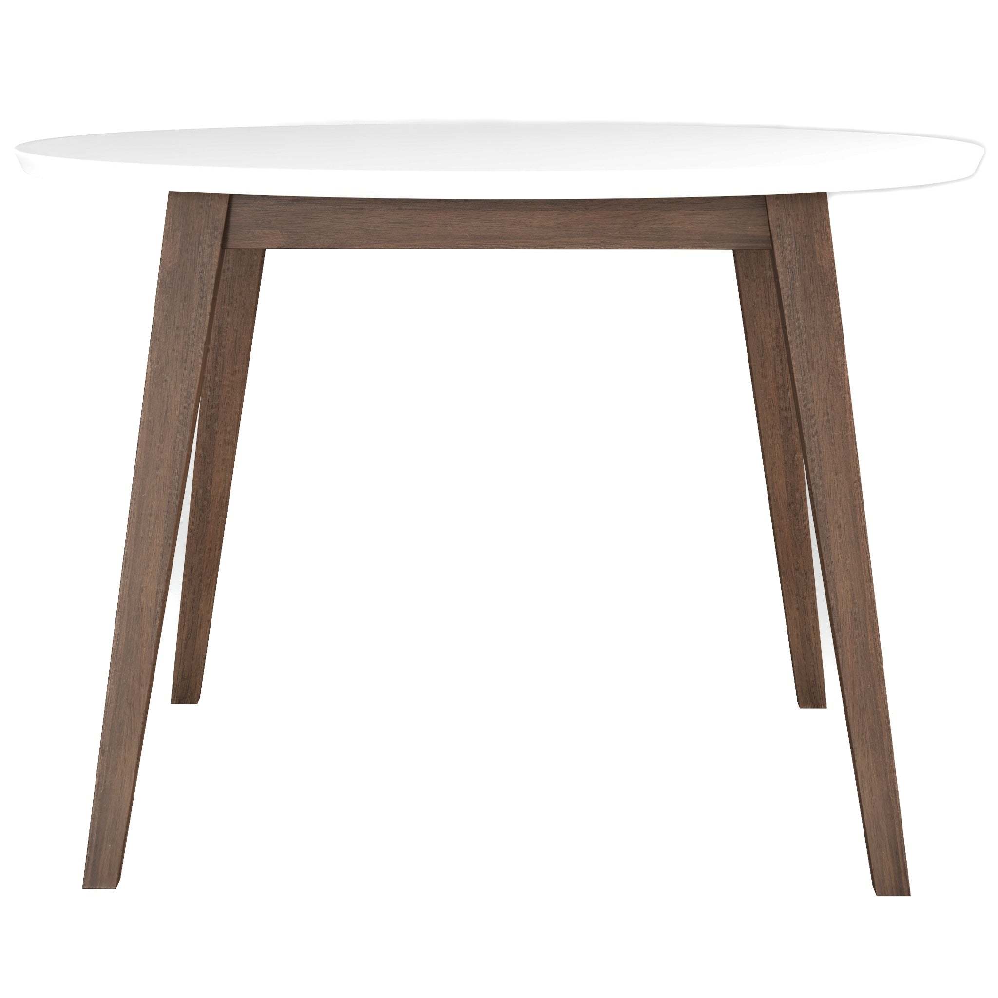 White round mid-century dining table with walnut legs, side view on white studio background
