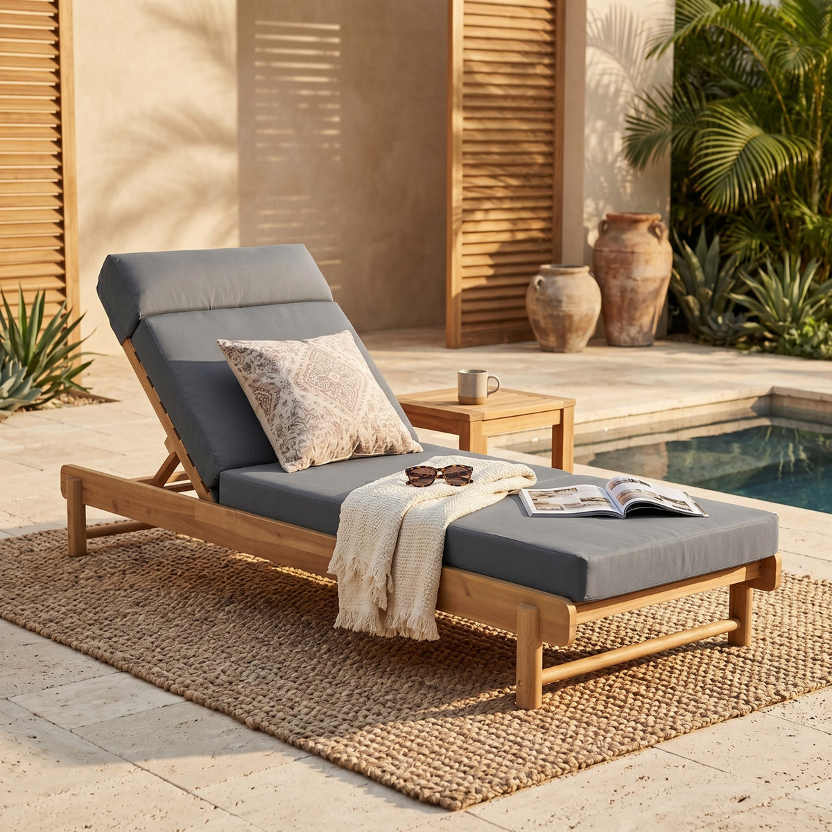 Teak Finish Solid Wood Outdoor Chaise Lounge, Dark Gray Cushion, 4-Fold Cushion