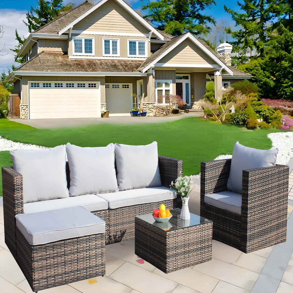 Brown Wicker 4-Piece Outdoor Sofa Set with Cushions