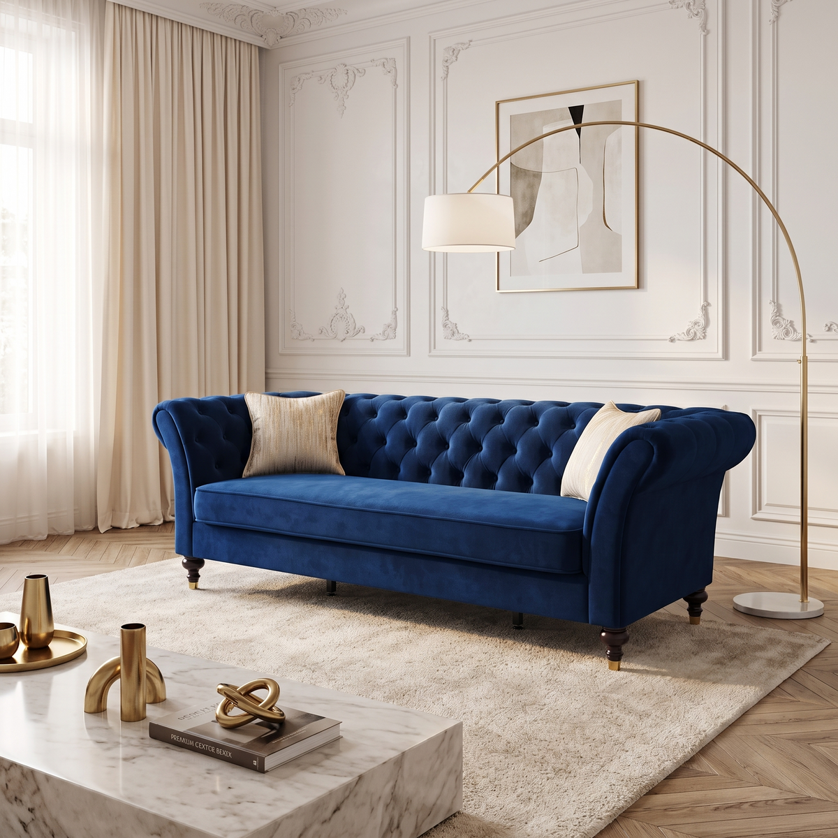 Blue Velvet 3-Seat Chesterfield Sofa