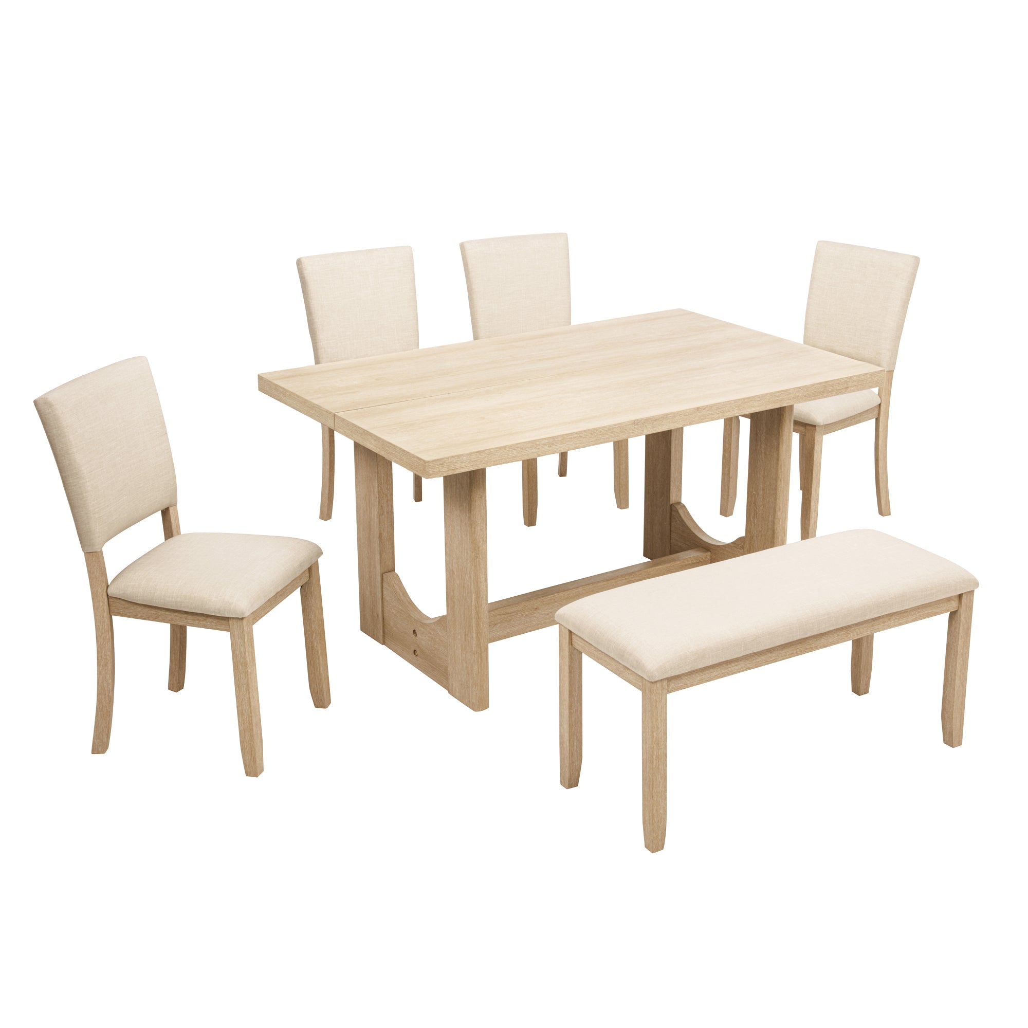 6-Piece Dining Set with Bench, 57-Inch Light Oak Table and 4 Chairs