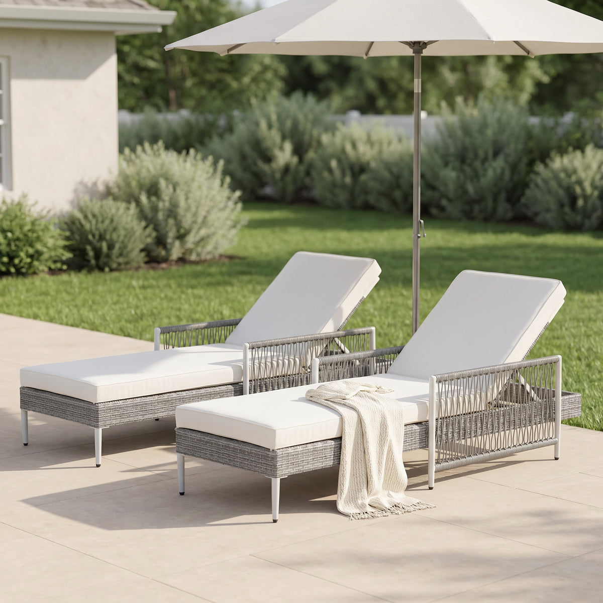 Wicker Adjustable Outdoor Chaise Lounge with Gray Cushions, Set of 2