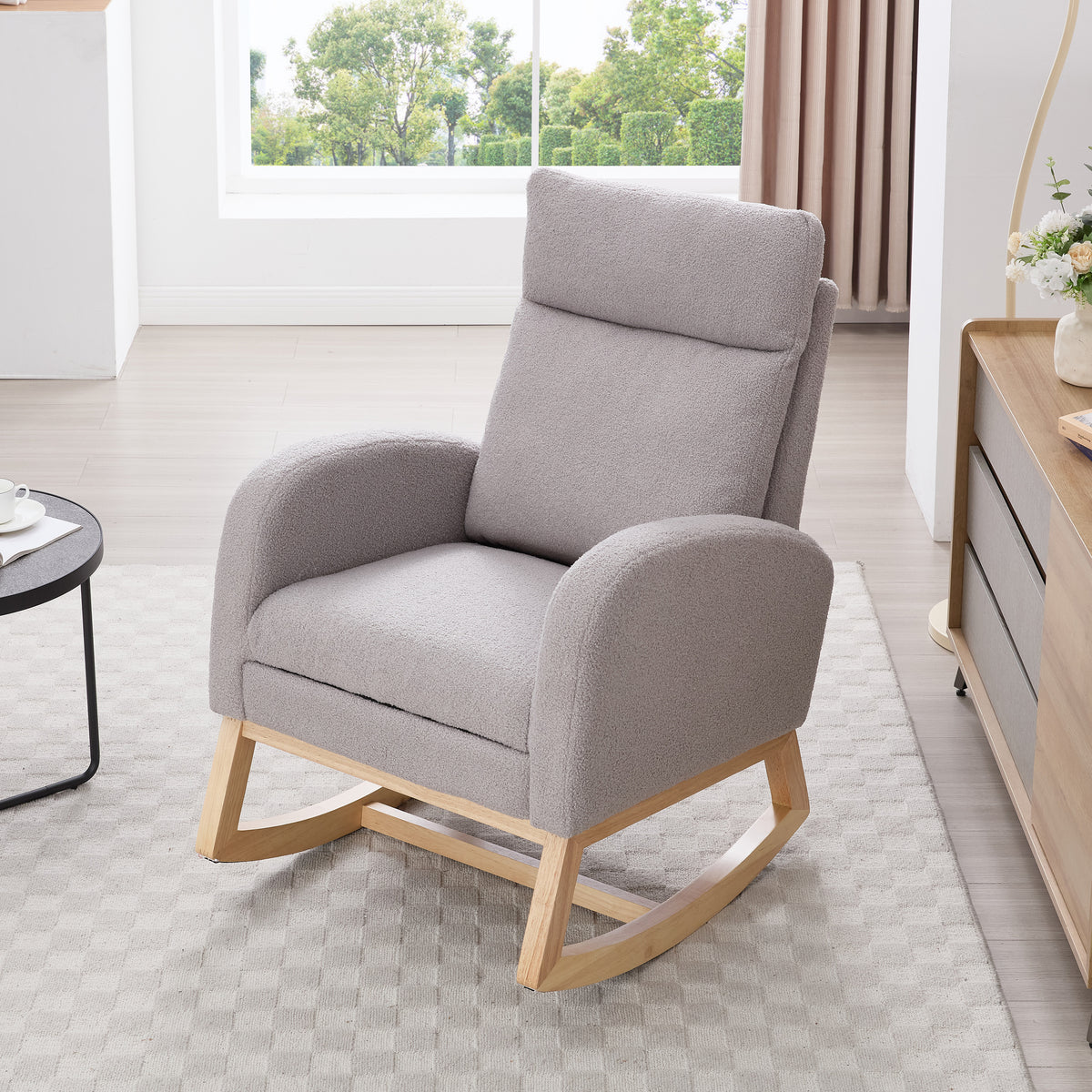 Light Gray Sherpa Rocking Chair with Ottoman