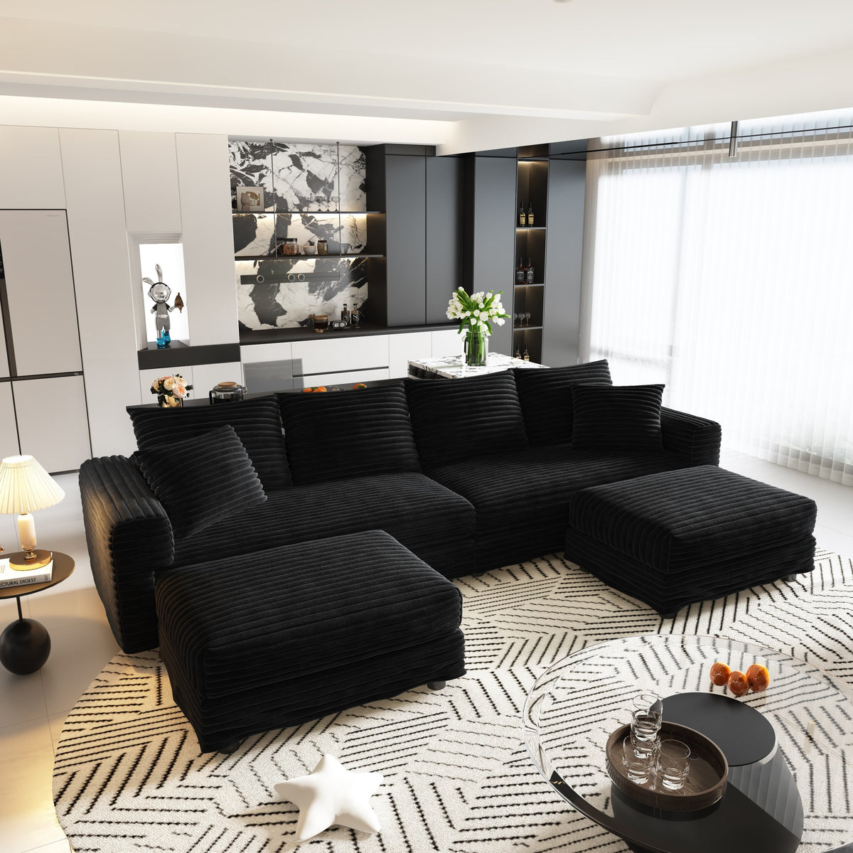 Black Corduroy 4-Seat Couch with Ottoman, 102.4 in Wide, Two Ottomans