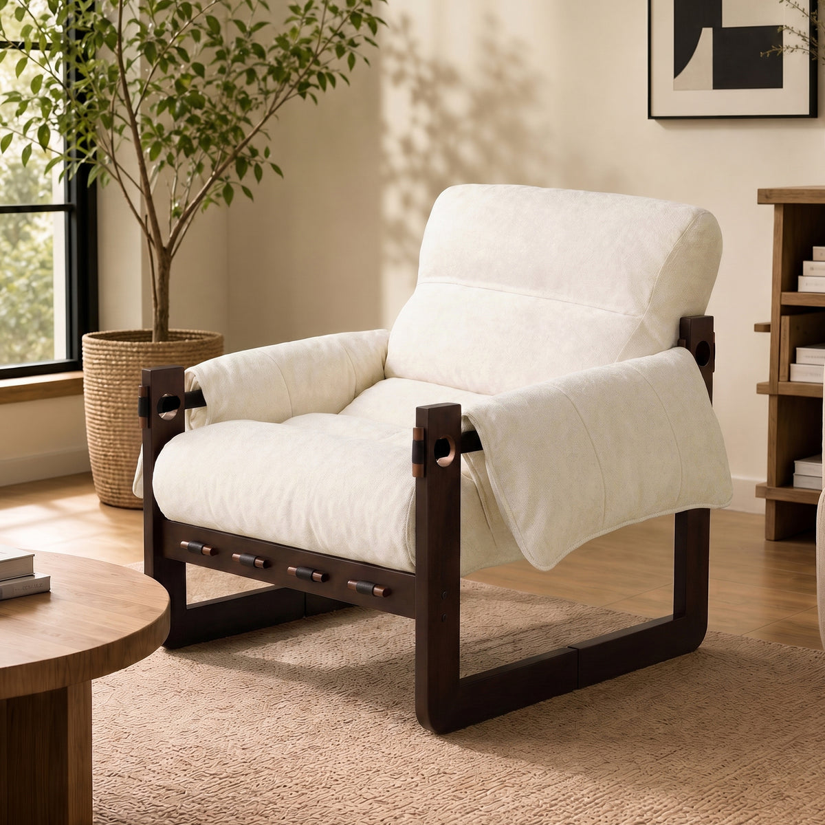 Beige Chenille Accent Chair, Rolled Arms