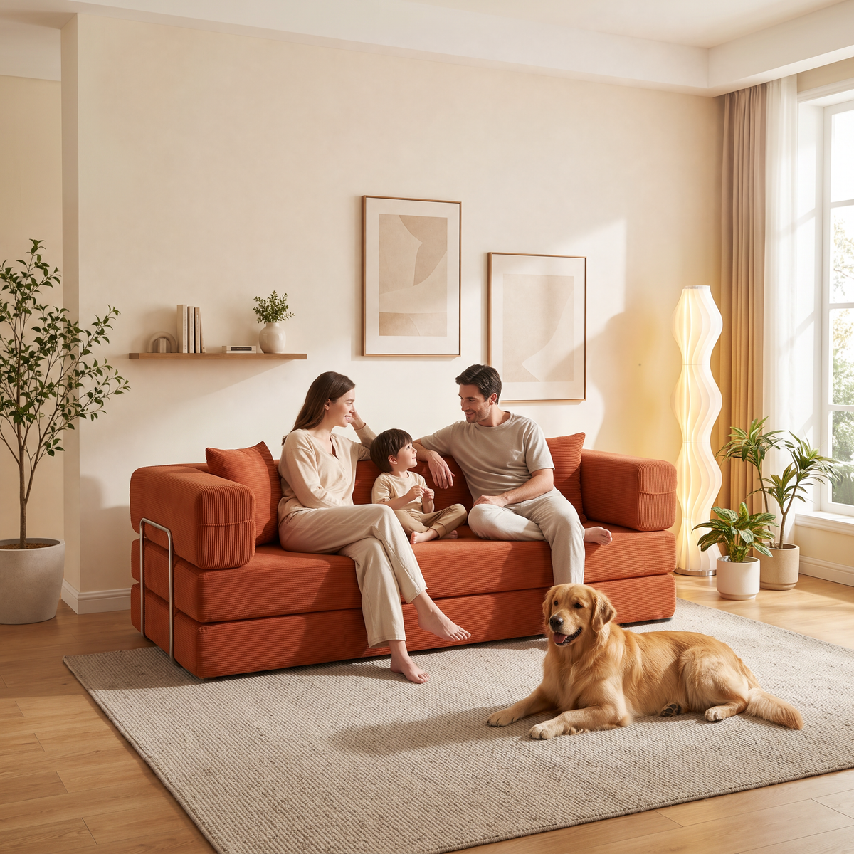 Orange Corduroy Sleeper Sofa, 78.7 in Wide