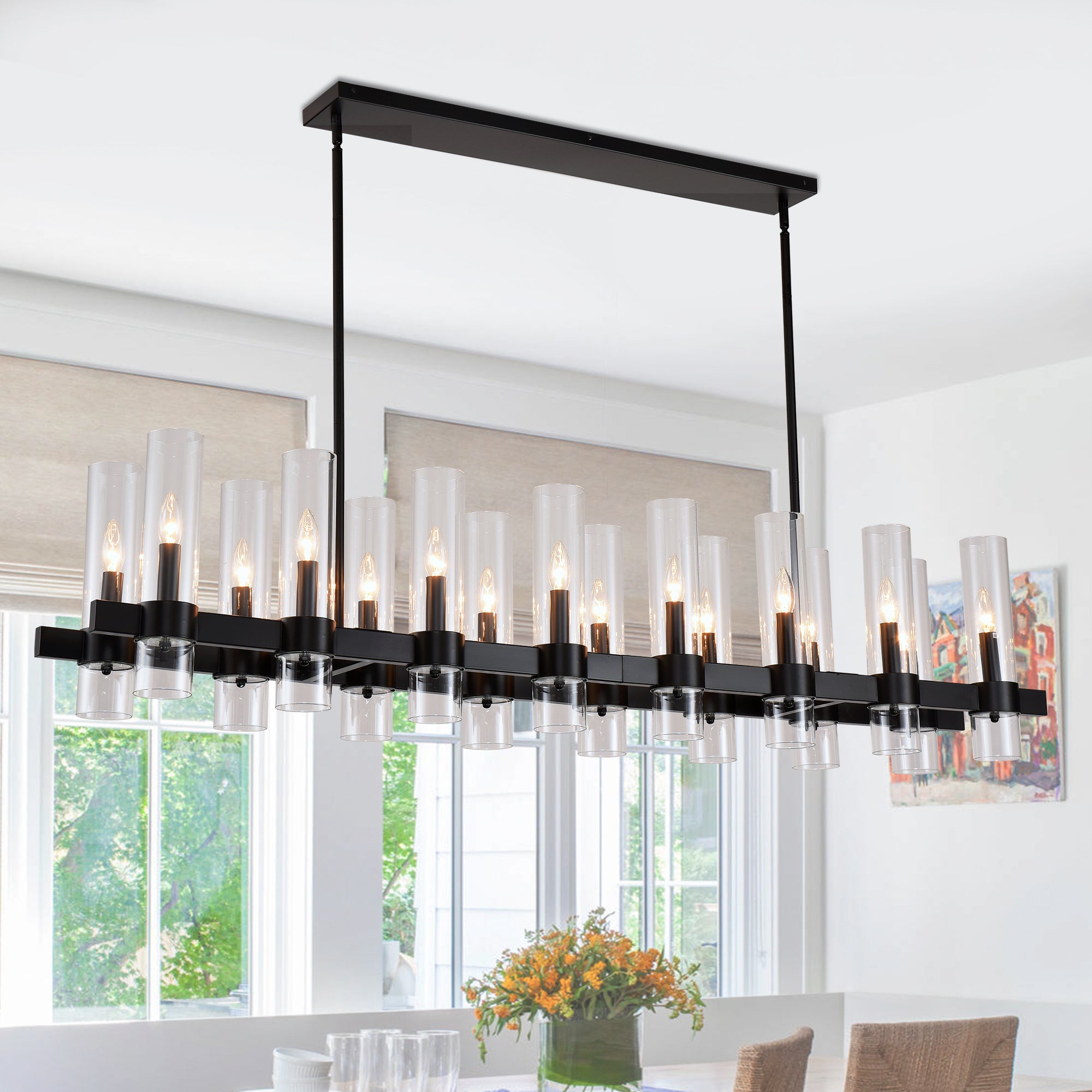 Chandelier, 16-Light Linear Glass Shade Wood Accent in Matte Black