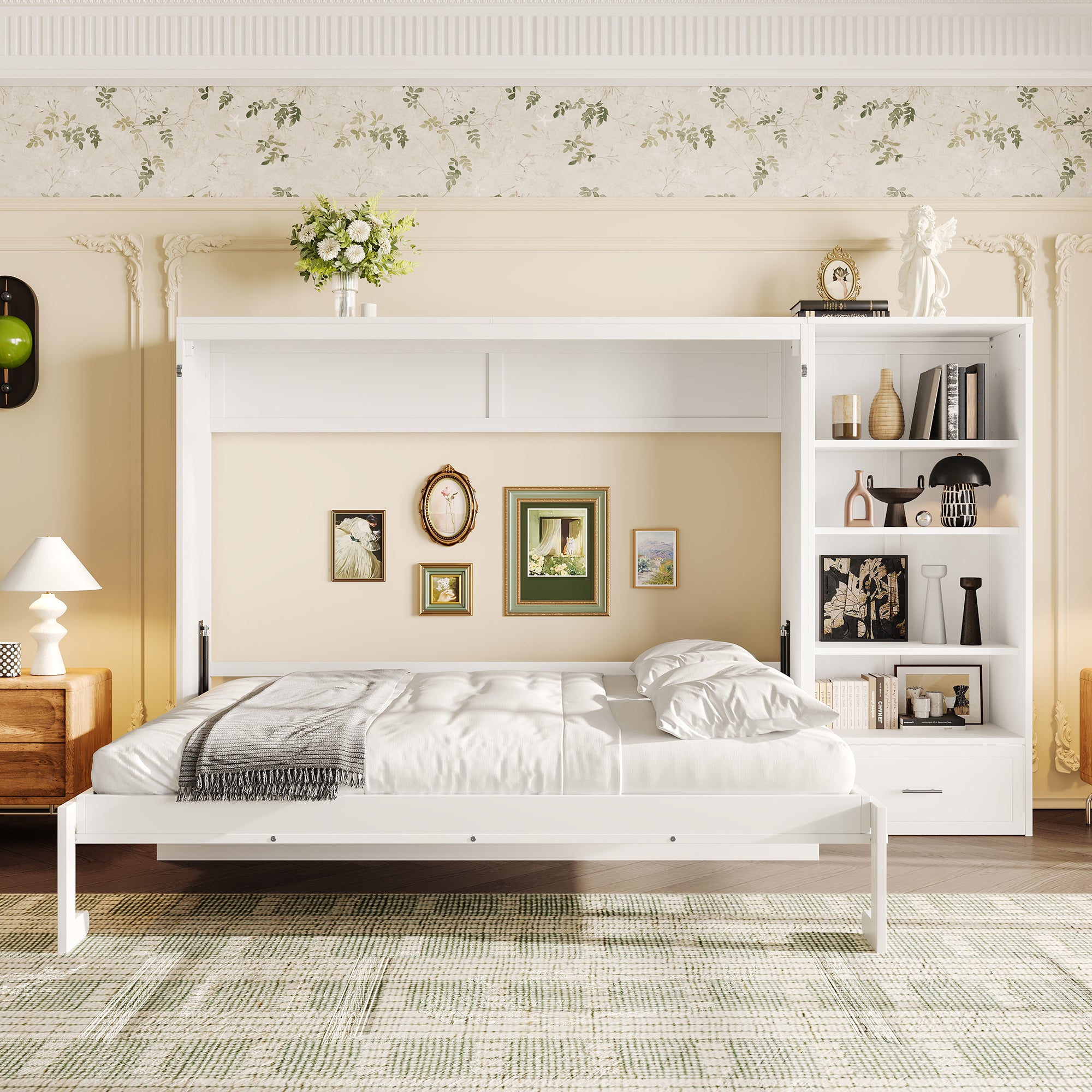 White Murphy Bed with Storage Compartments and Drawer