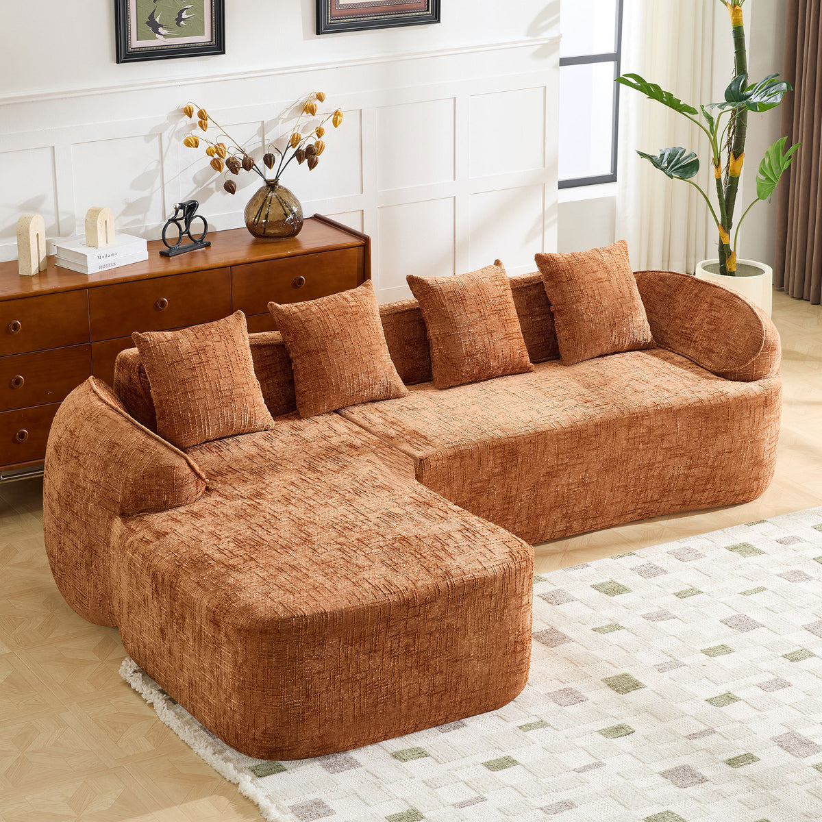 Orange Chenille L-Shaped Sectional Couch, 101.2 in Wide, Left-Facing