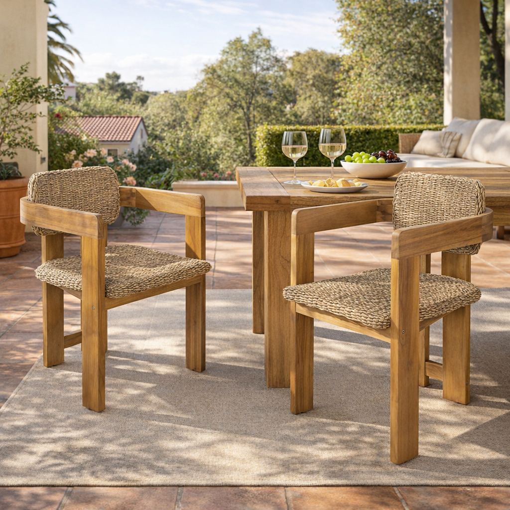 Teak Finish Solid Wood Outdoor Dining Chair, Set of 2, with Arms, 29.9 in Tall