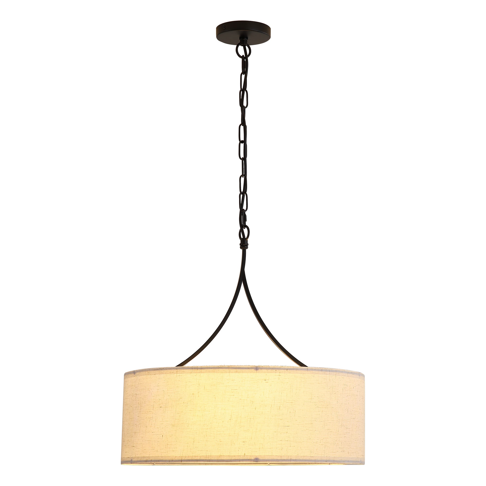 Fabric Drum Chandelier, 3-Light, Beige and Black