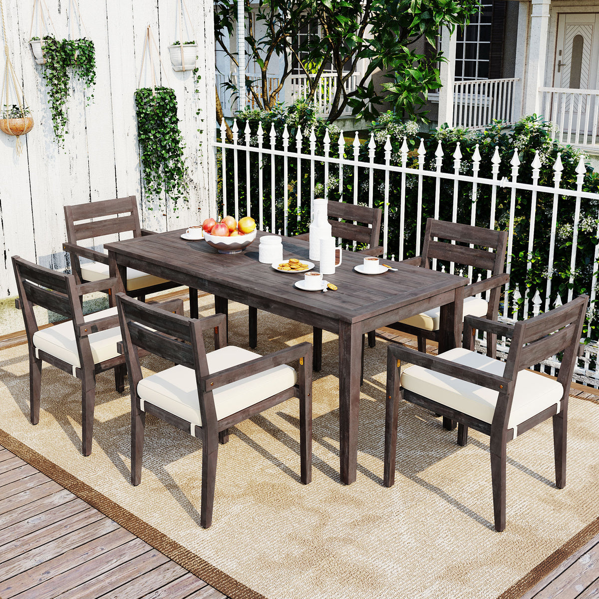Gray Solid Wood 7-Piece Patio Dining Set for 6 with Cushions