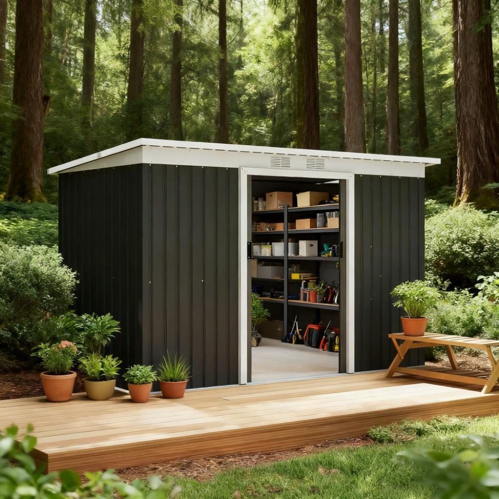 4x9 ft Gray Metal Storage Shed with Lockable Doors