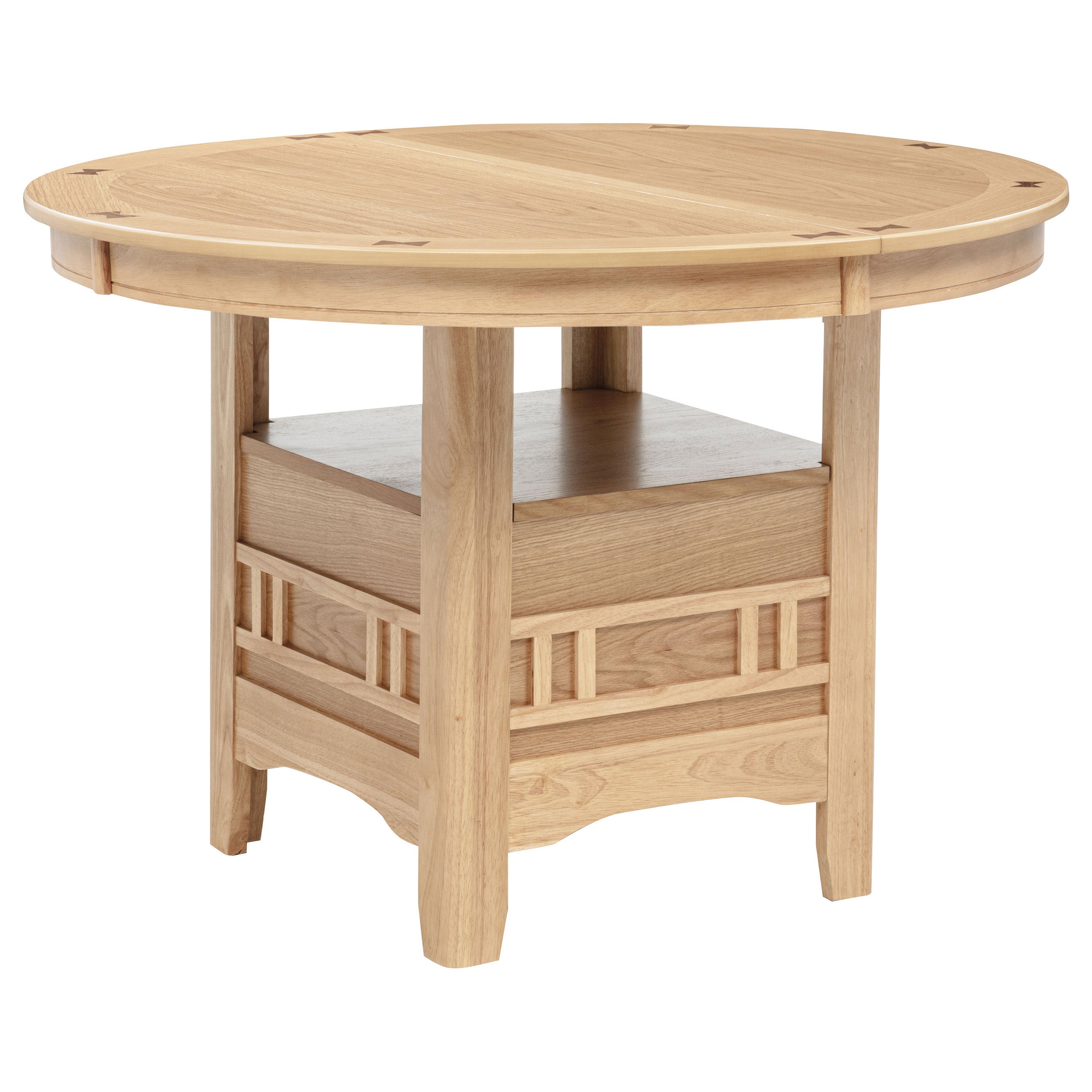 Overhead view of the round light oak tabletop with butterfly-key inlays