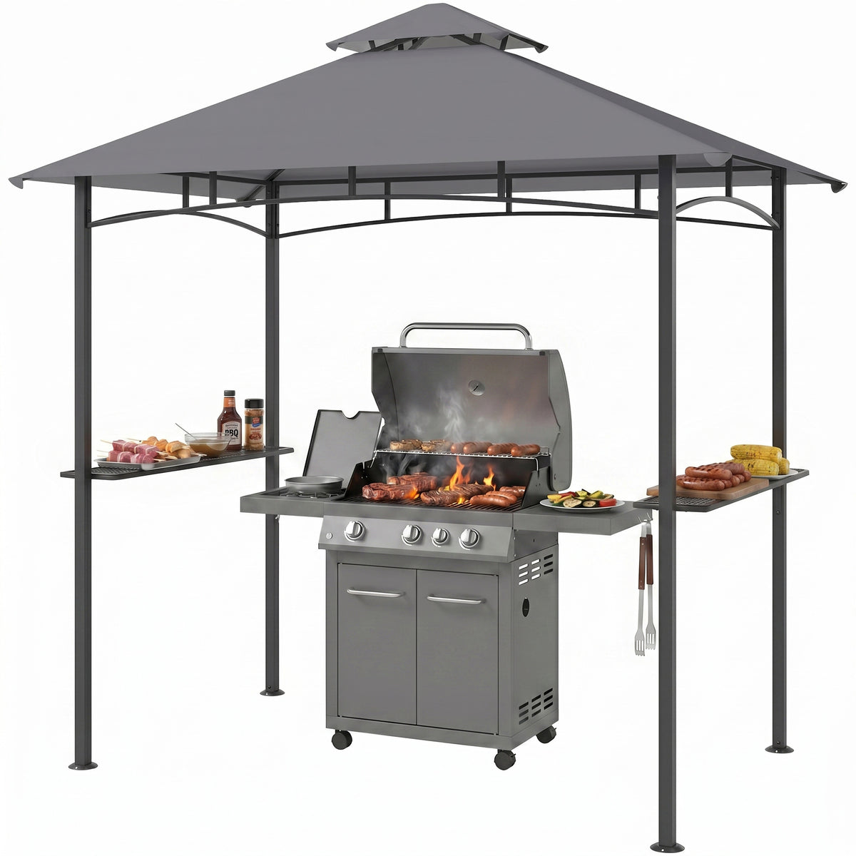 5x8 ft Gray Double Roof Gazebo with Side Shelves