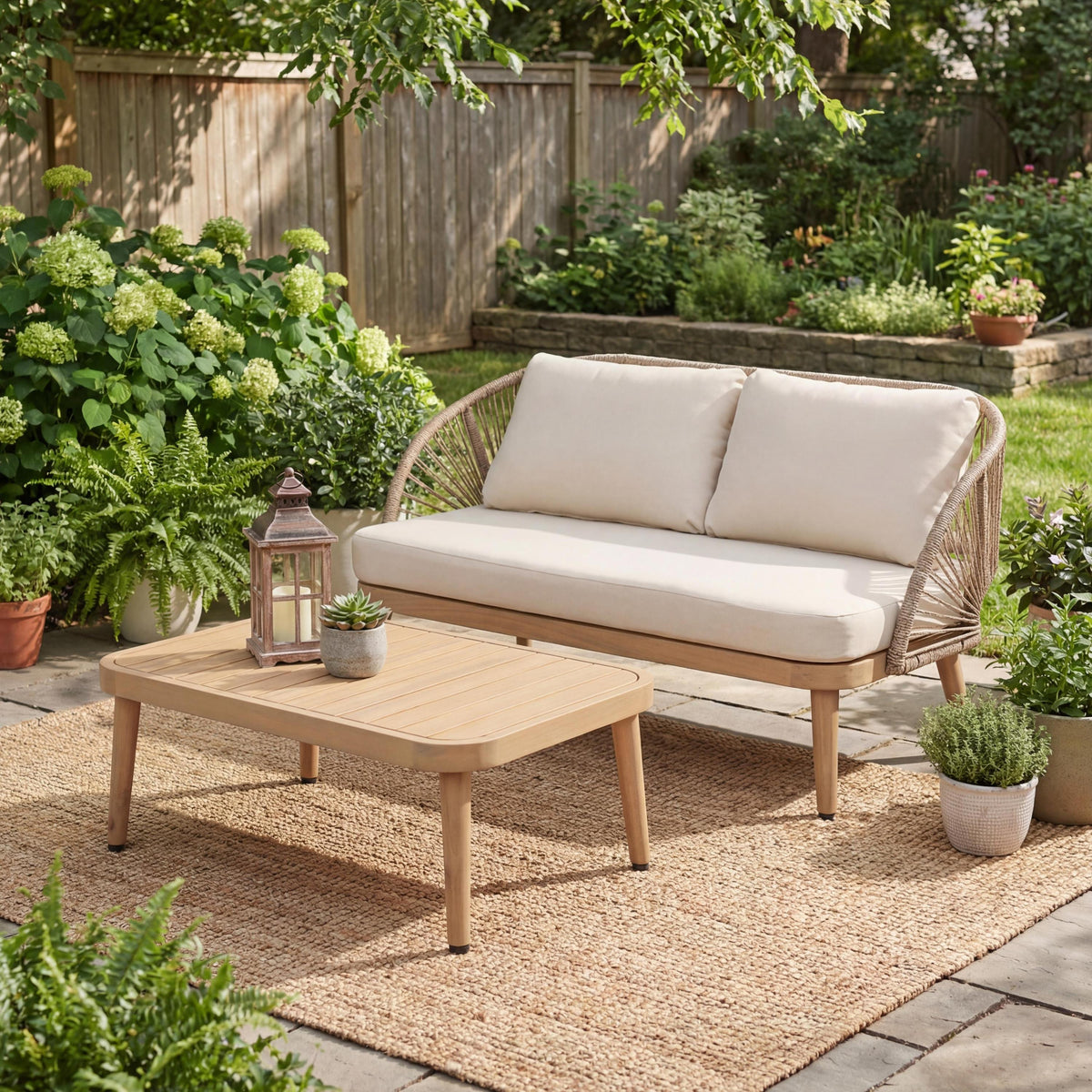 Teak Finish Solid Wood 2-Piece Outdoor Sofa Set, Curved