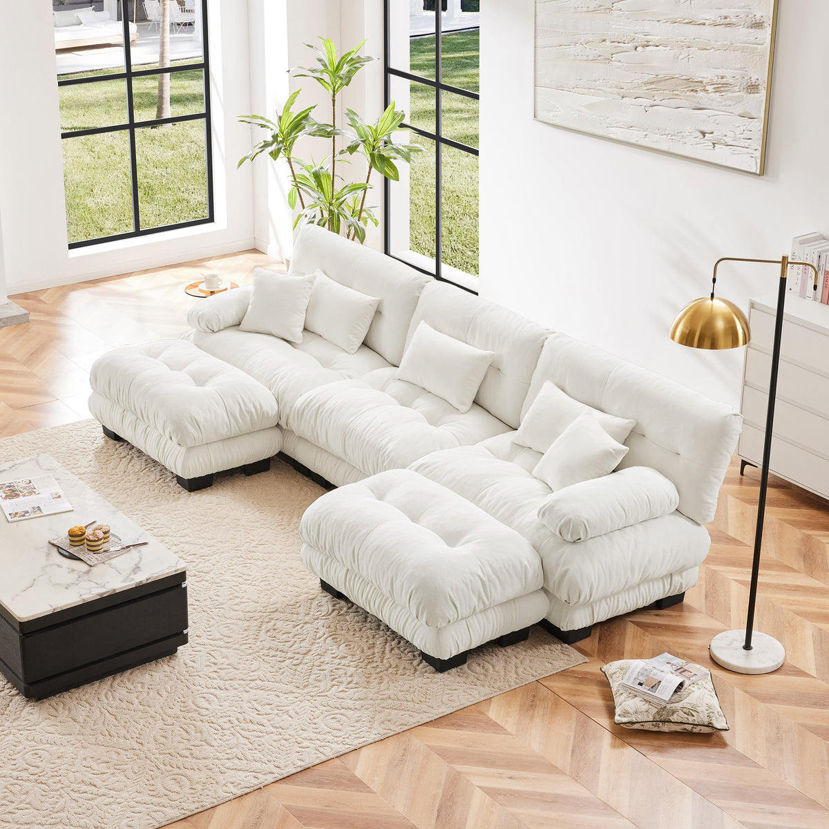 White Chenille Modular Sectional Couch with 2 Ottomans